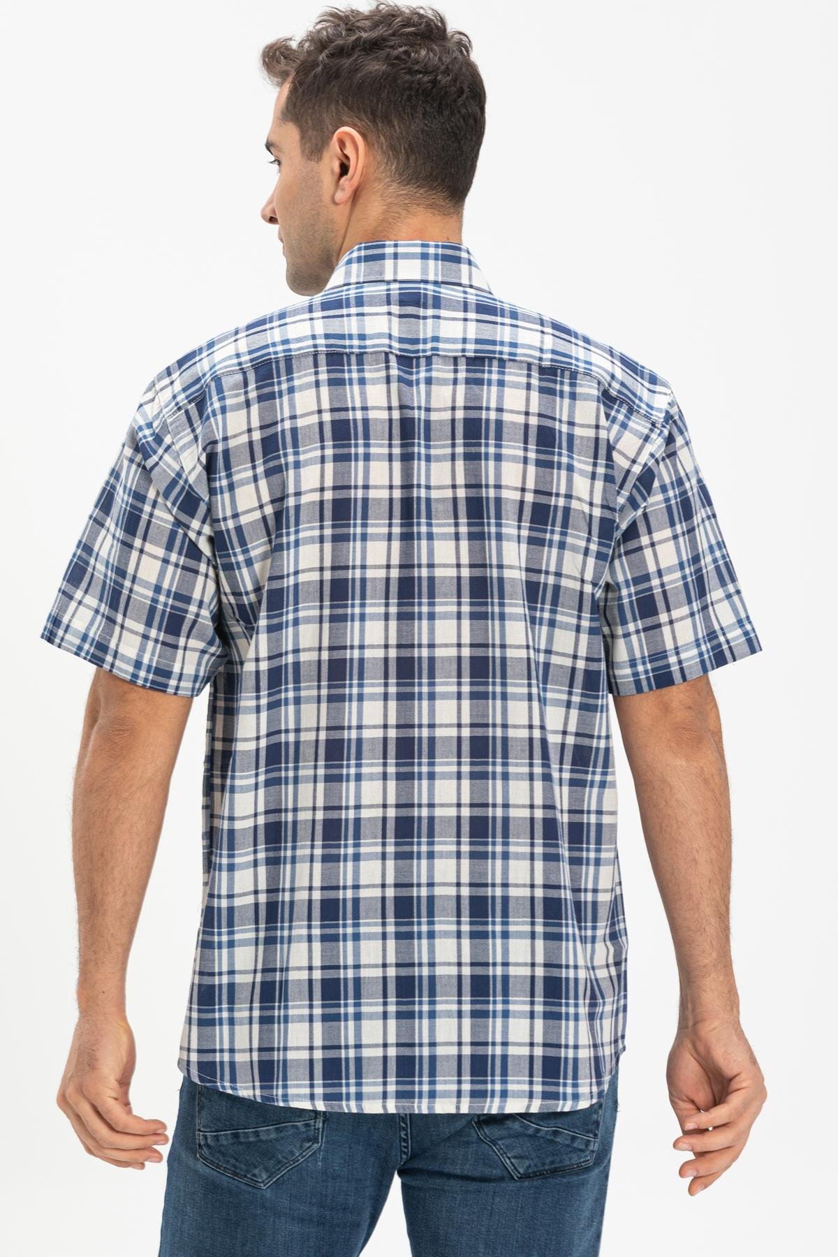 Toptan Kısa Kol Şile Bezi Erkek Gömlek Lacivert Ekose