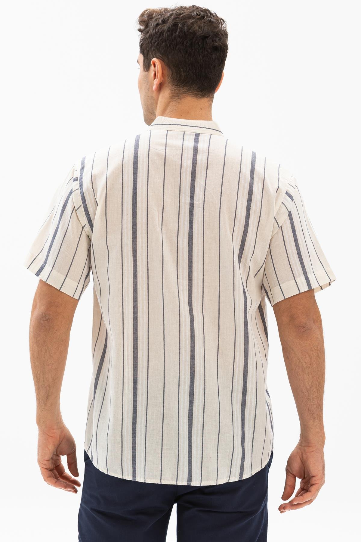 Toptan Kısa Kol Şile Bezi Hakim Yaka Erkek Tshirt Ekru Gri Çizgili