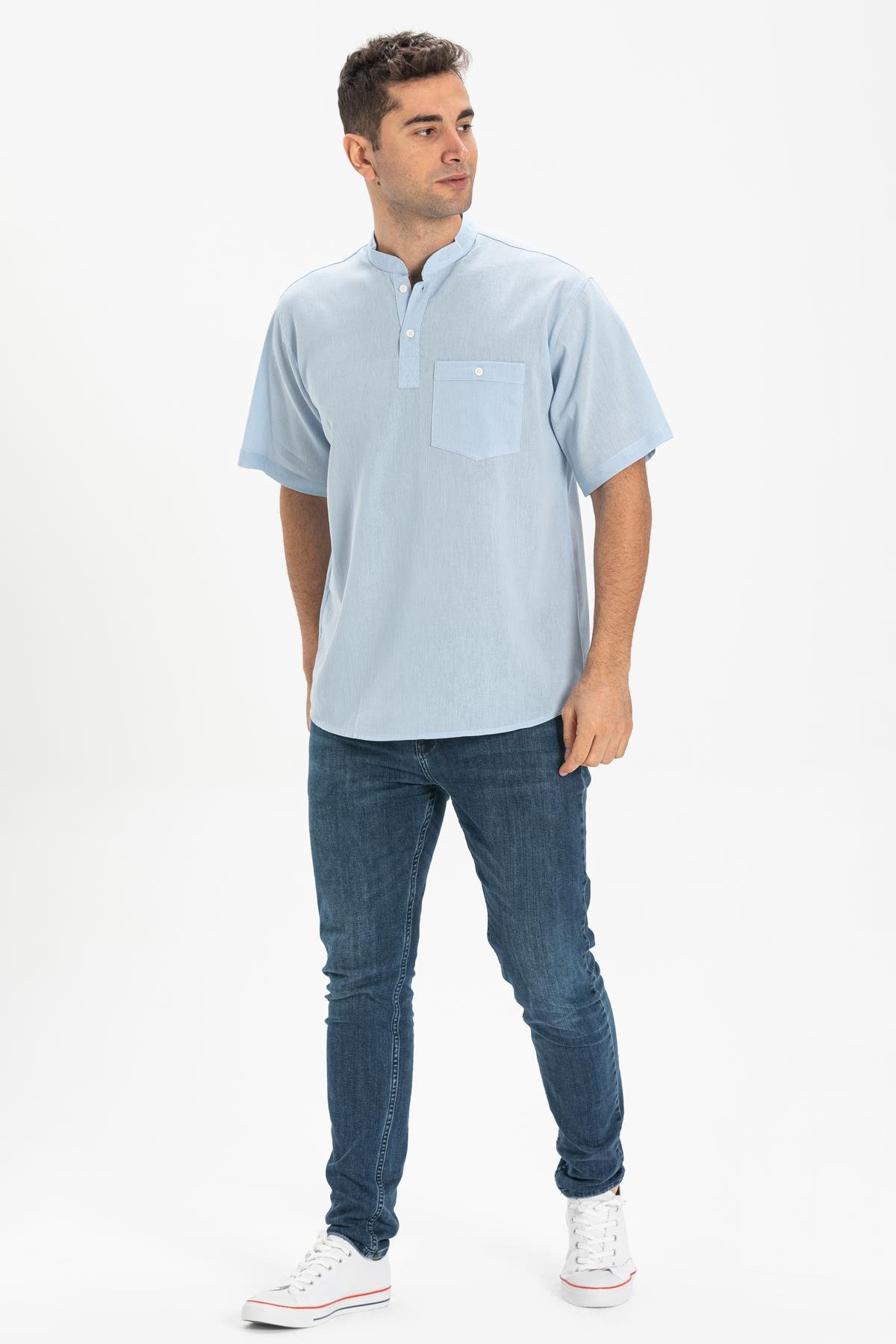 Toptan Kısa Kol Şile Bezi Hakim Yaka Erkek Tshirt Buz Mavi