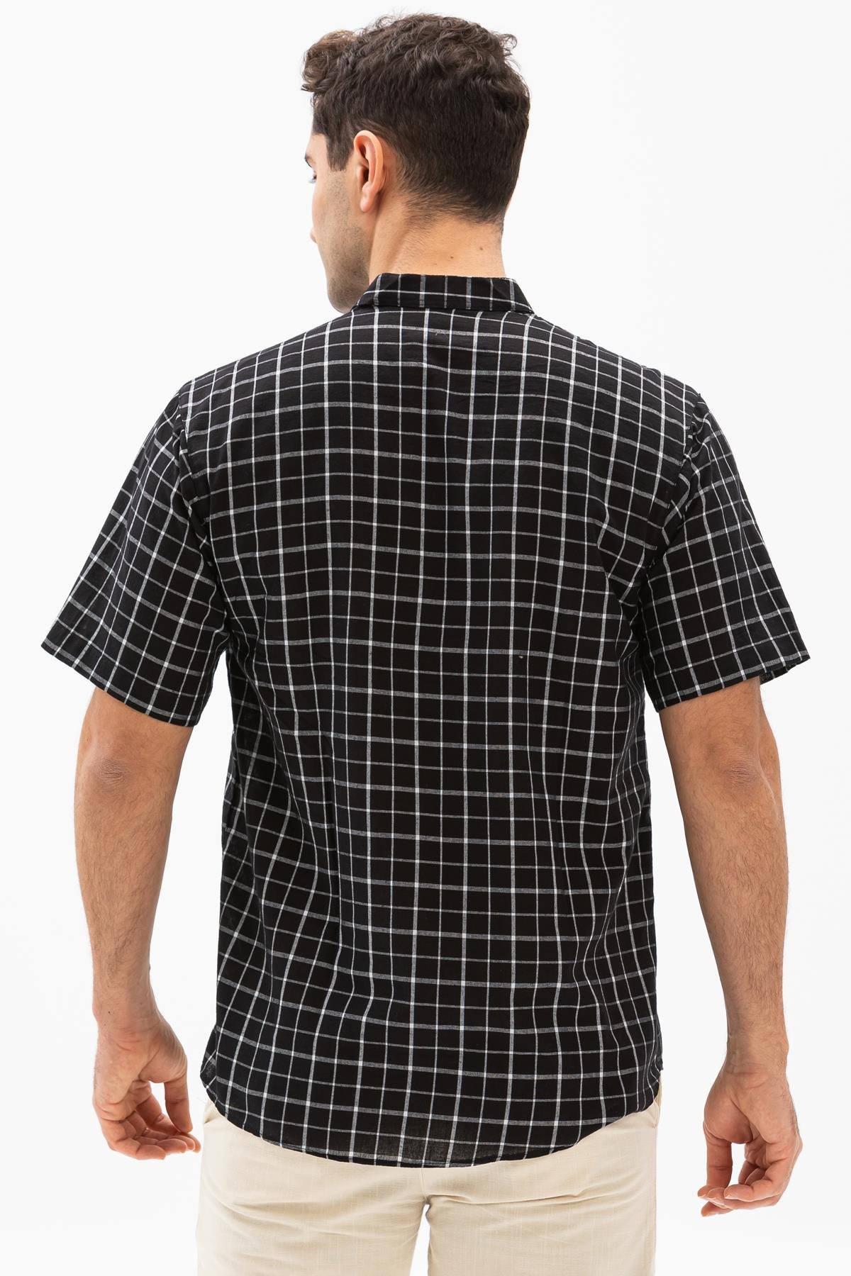 Toptan Kısa Kol Şile Bezi Hakim Yaka Erkek Tshirt Siyah Kareli