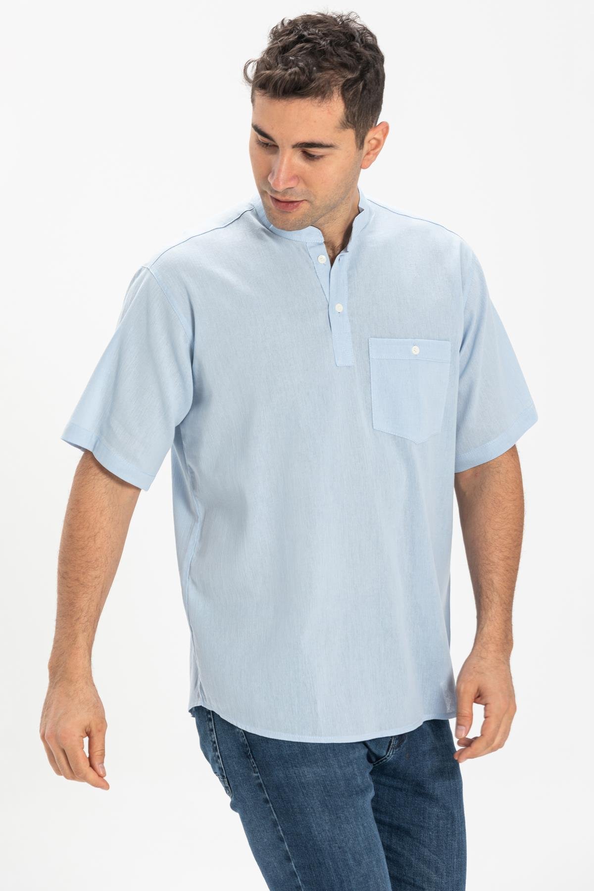 Toptan Kısa Kol Şile Bezi Hakim Yaka Erkek Tshirt Buz Mavi