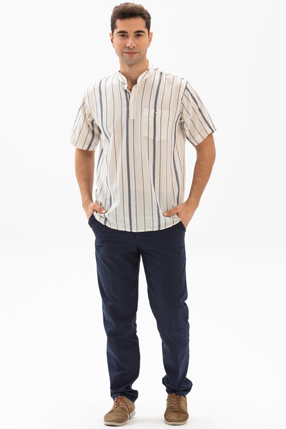 Toptan Kısa Kol Şile Bezi Hakim Yaka Erkek Tshirt Ekru Gri Çizgili