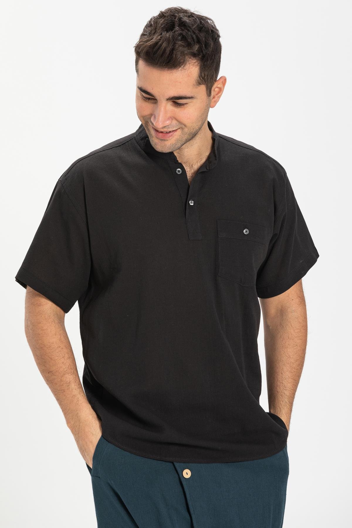 Toptan Kısa Kol Şile Bezi Hakim Yaka Erkek Tshirt Siyah