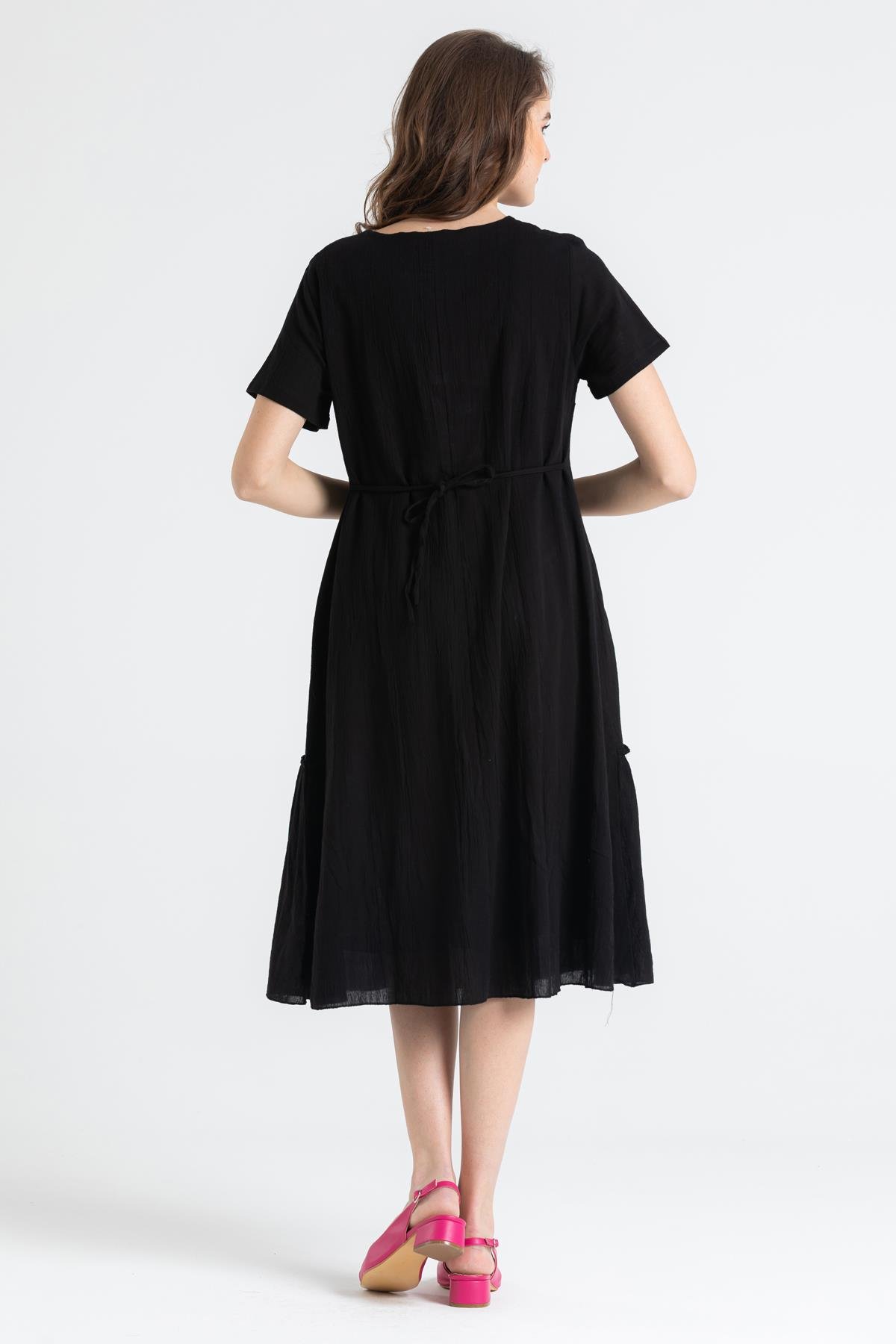 Toptan Kısa Kol Şile Bezi Lalezar Nakışlı Midi Boy Elbise Siyah