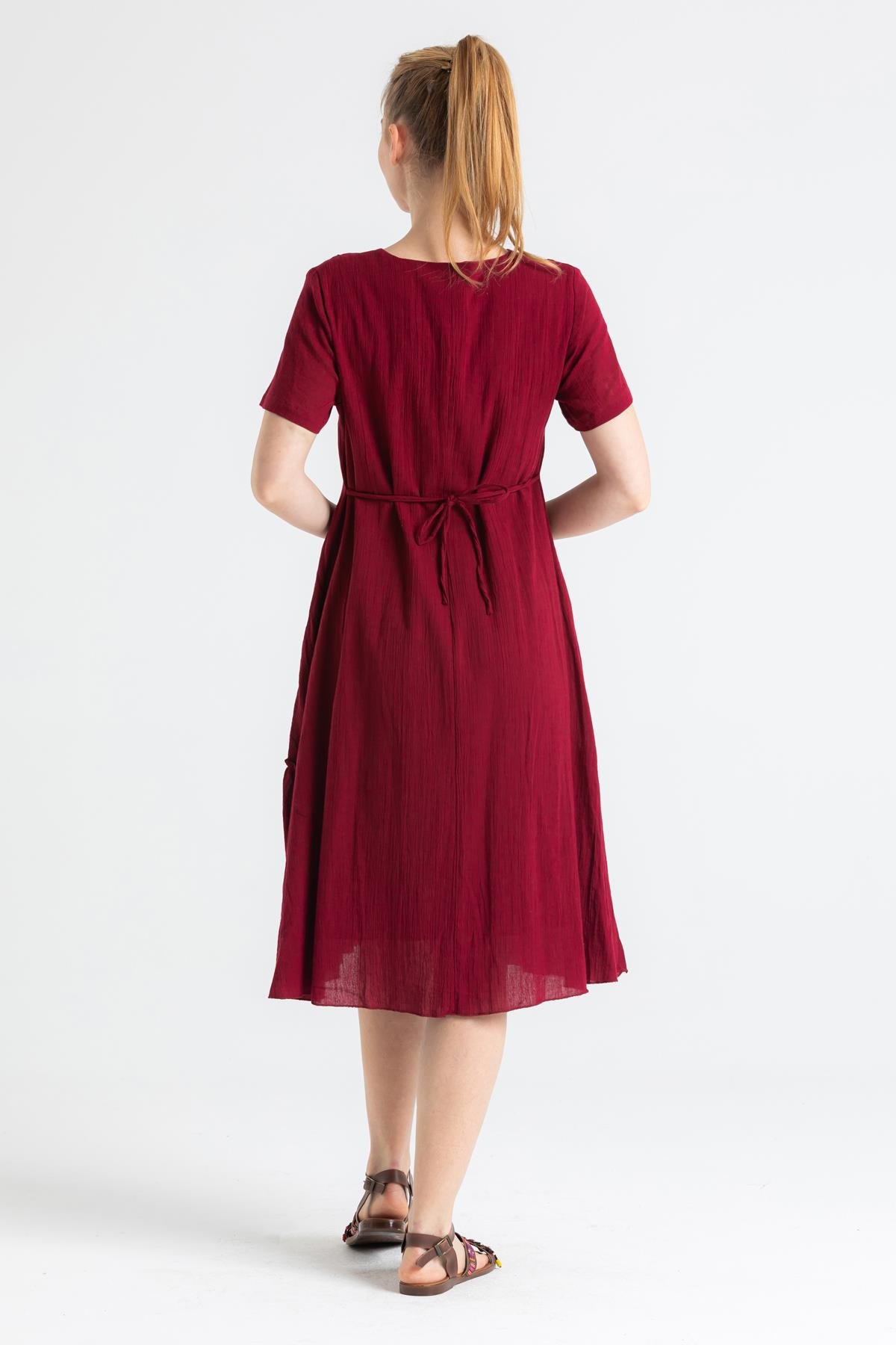 Toptan Kısa Kol Şile Bezi Lalezar Nakışlı Midi Boy Elbise Bordo