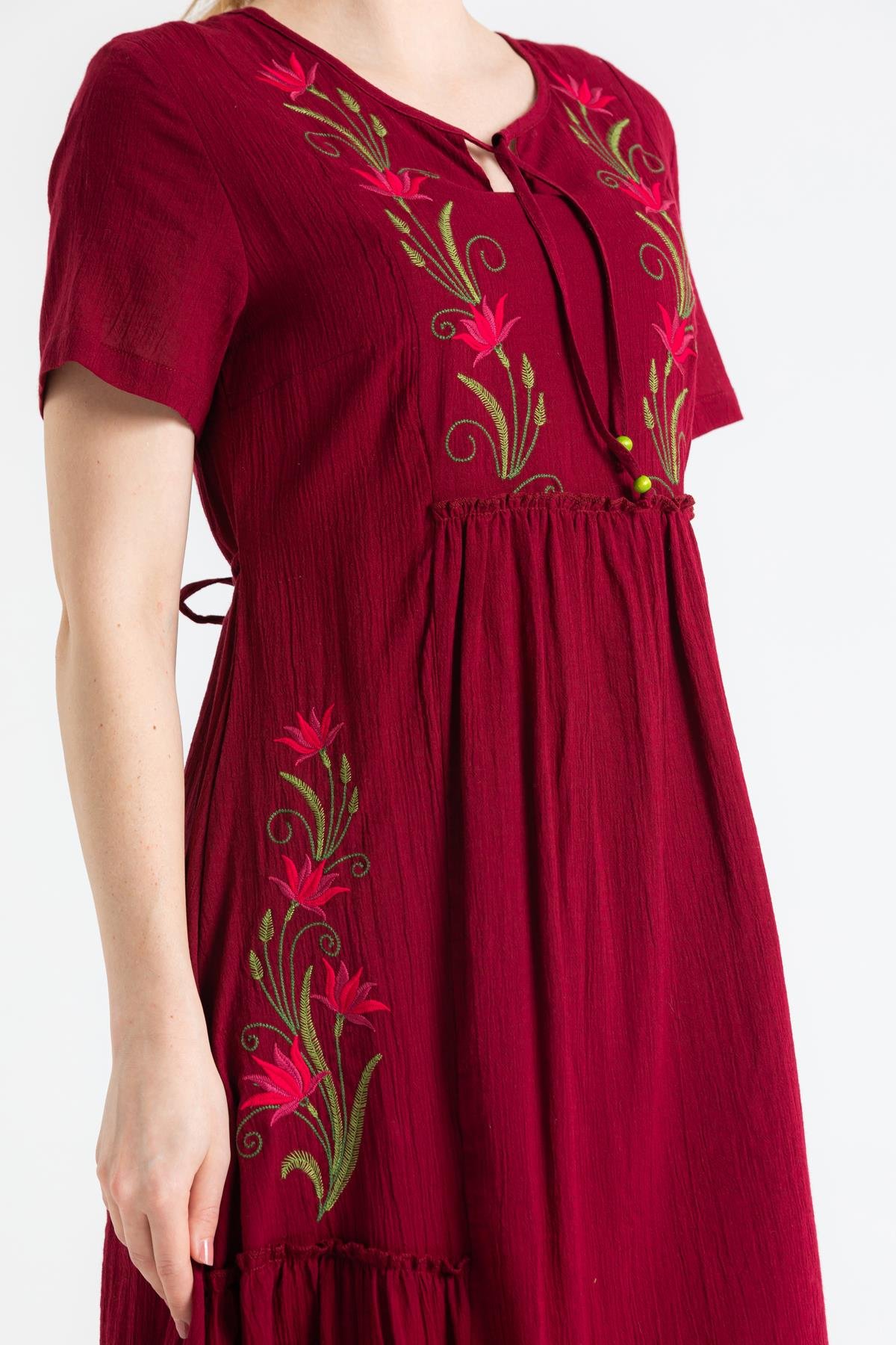 Toptan Kısa Kol Şile Bezi Lalezar Nakışlı Midi Boy Elbise Bordo
