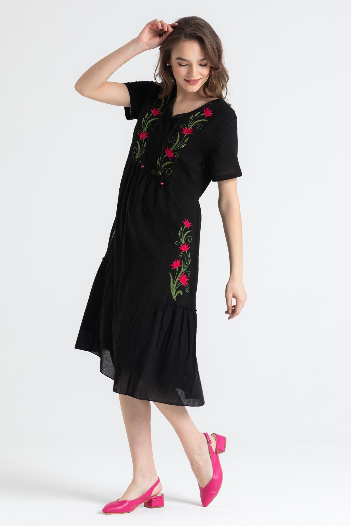 Toptan Kısa Kol Şile Bezi Lalezar Nakışlı Midi Boy Elbise Siyah