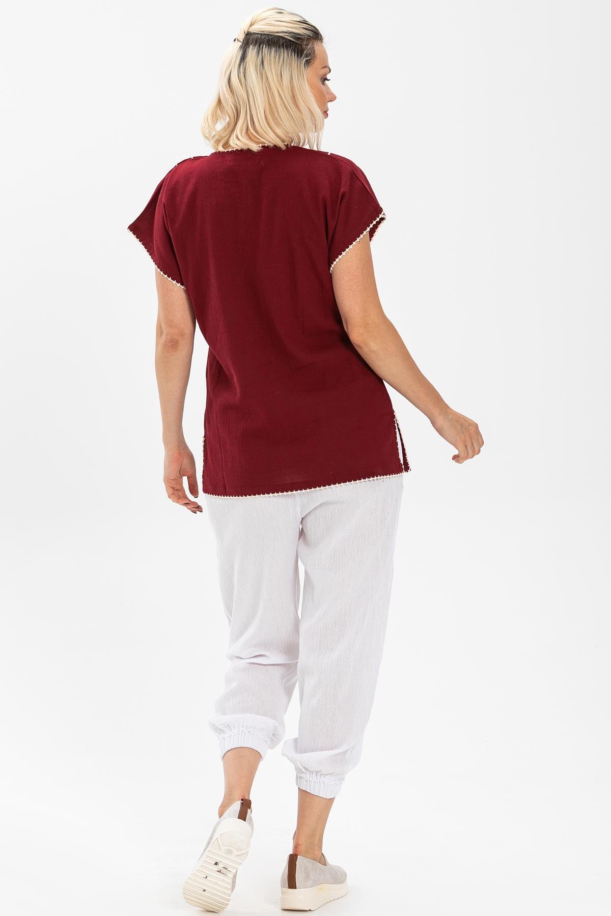 Toptan Kısa Kol Şile Bezi Naz Bluz Bordo