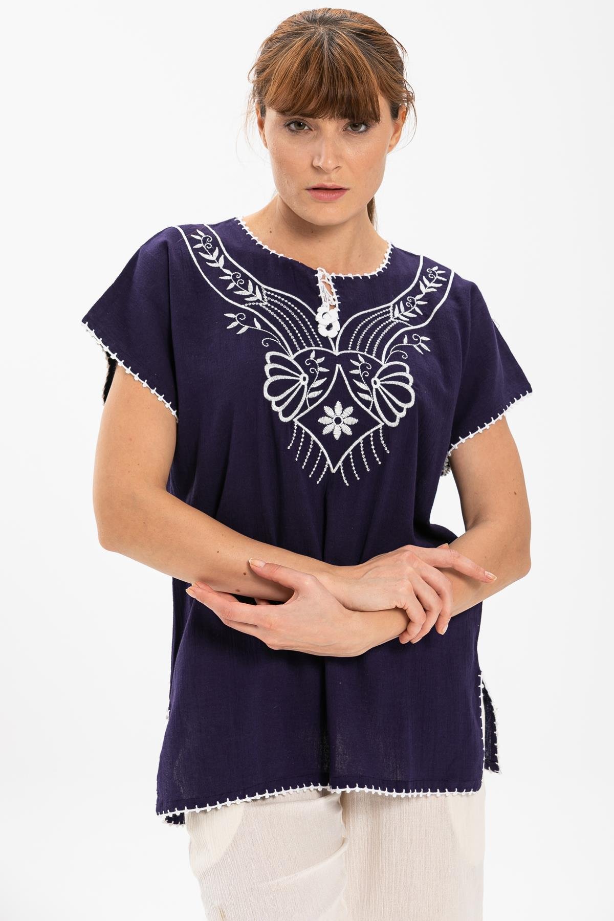 Toptan Kısa Kol Şile Bezi Naz Bluz Mor