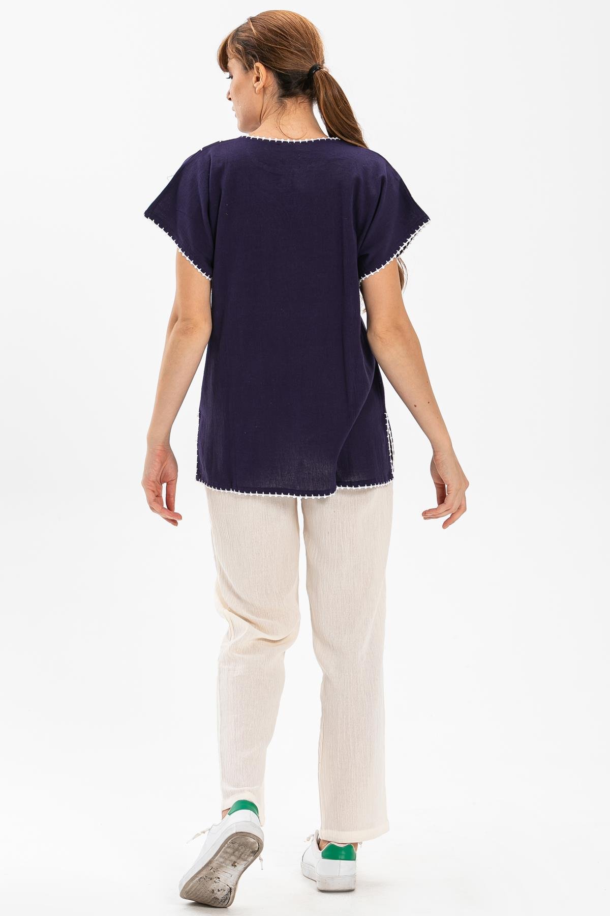 Toptan Kısa Kol Şile Bezi Naz Bluz Mor