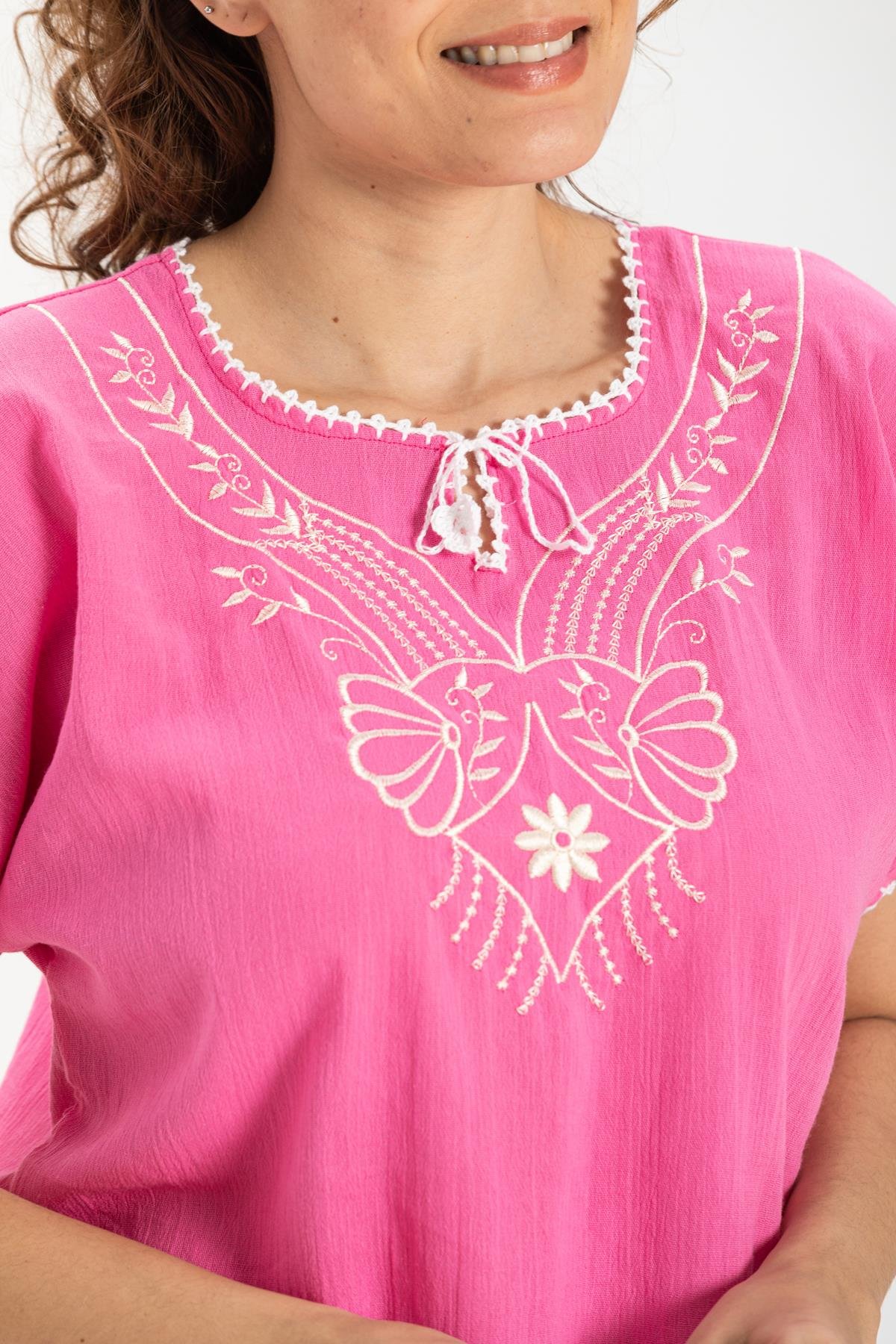 Toptan Kısa Kol Şile Bezi Naz Bluz Pembe Pmb