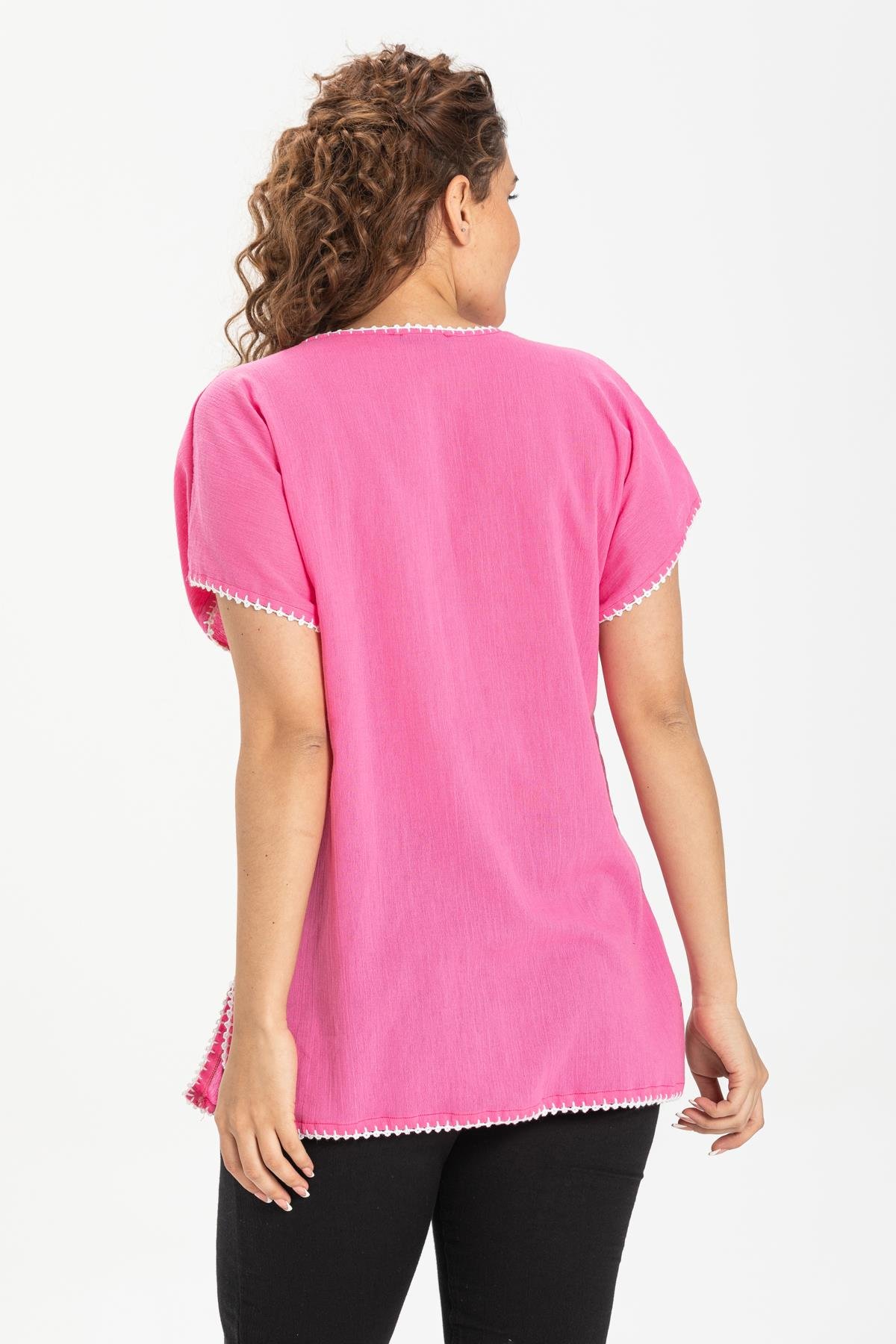 Toptan Kısa Kol Şile Bezi Naz Bluz Pembe Pmb