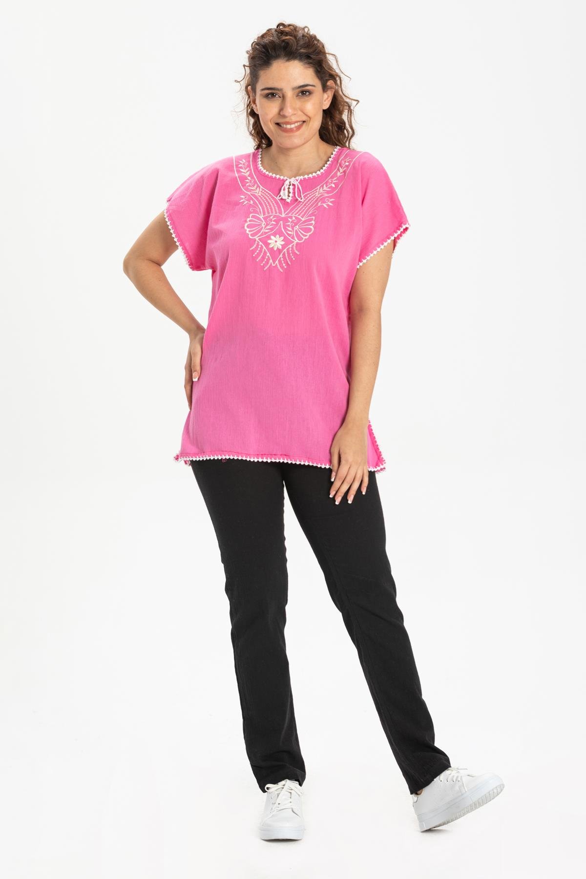 Toptan Kısa Kol Şile Bezi Naz Bluz Pembe Pmb