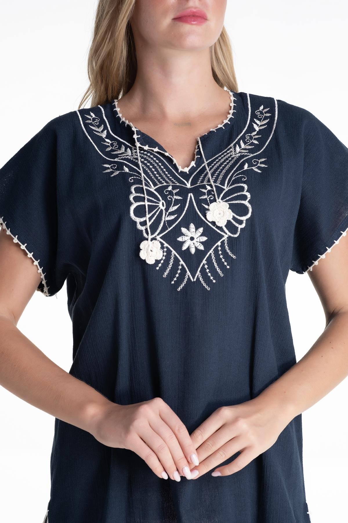 Toptan Kısa Kol Şile Bezi Naz Bluz Petrol