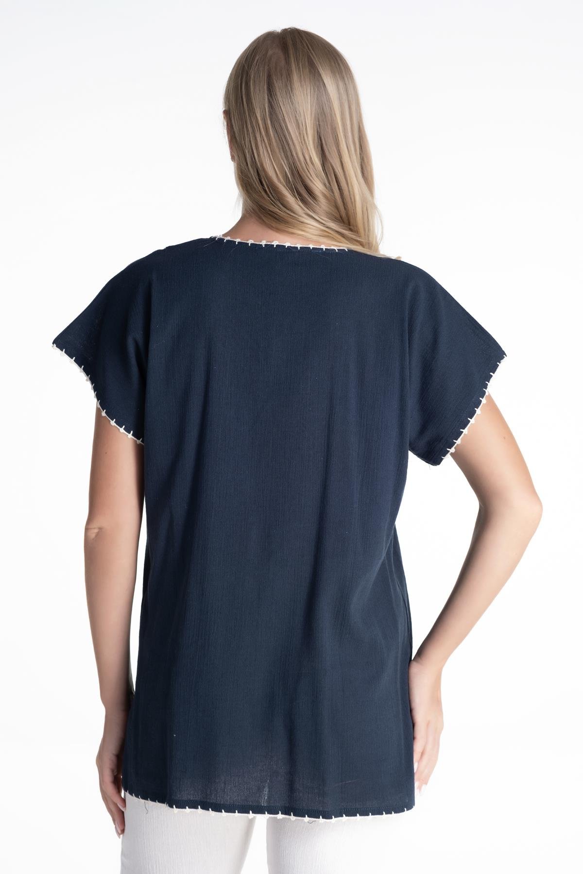 Toptan Kısa Kol Şile Bezi Naz Bluz Petrol