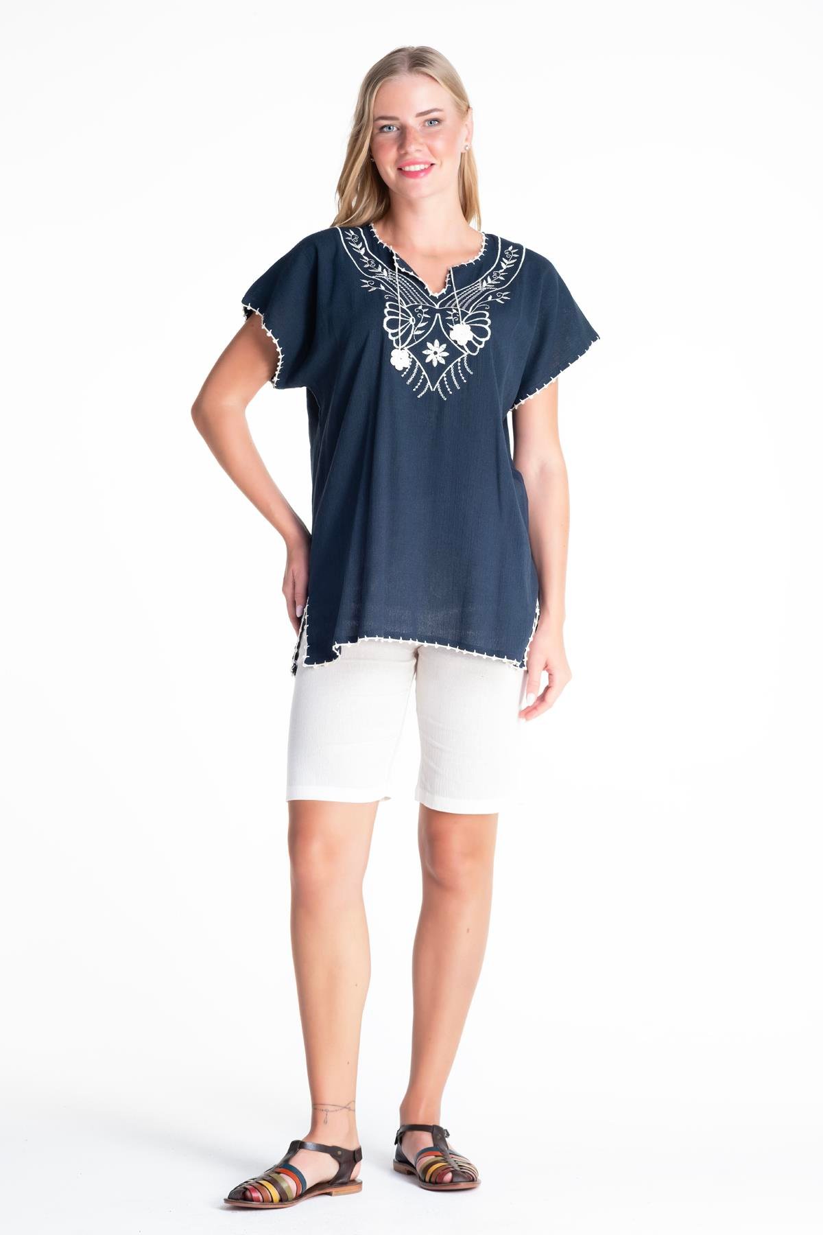 Toptan Kısa Kol Şile Bezi Naz Bluz Petrol