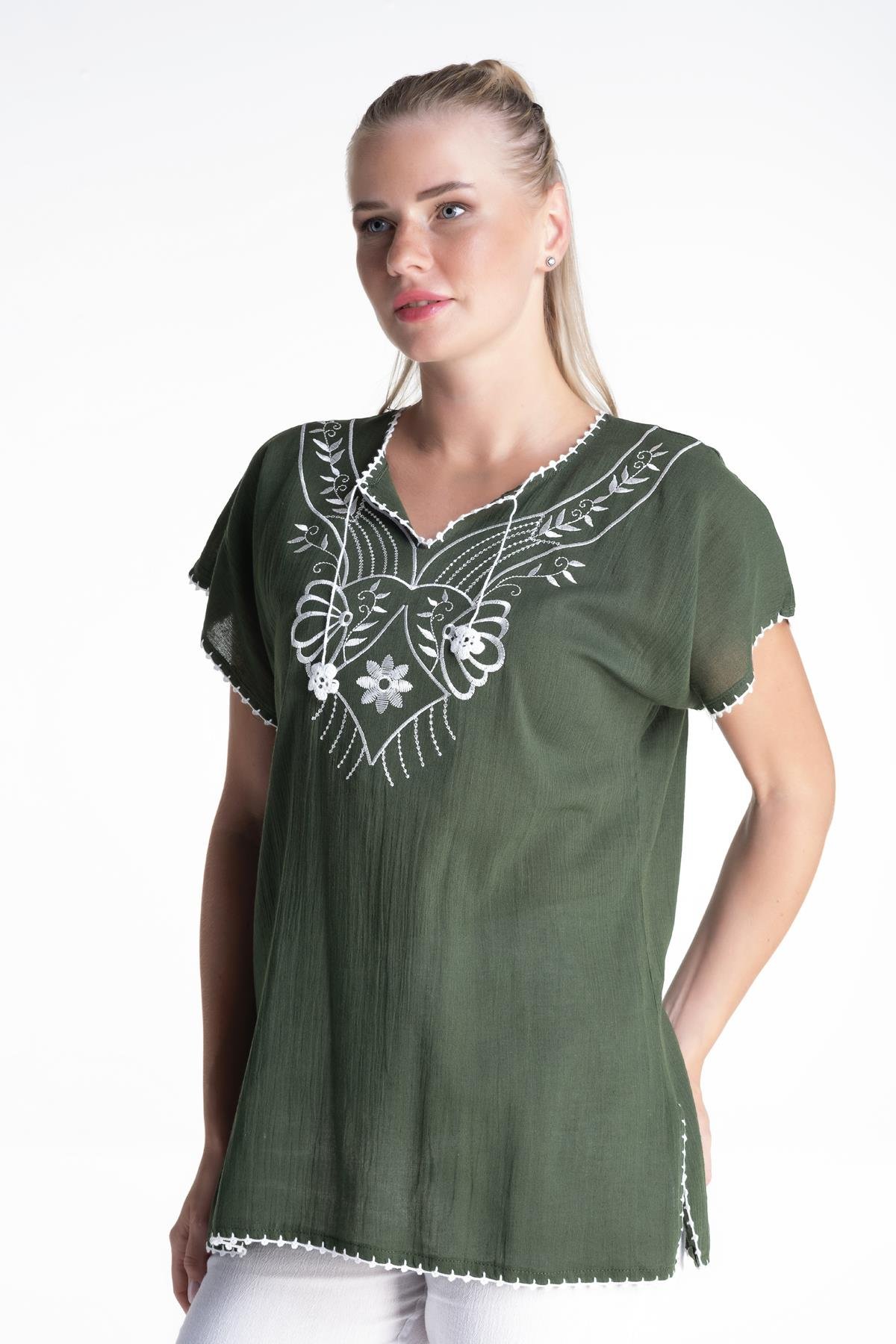 Toptan Kısa Kol Şile Bezi Naz Bluz Yeşil