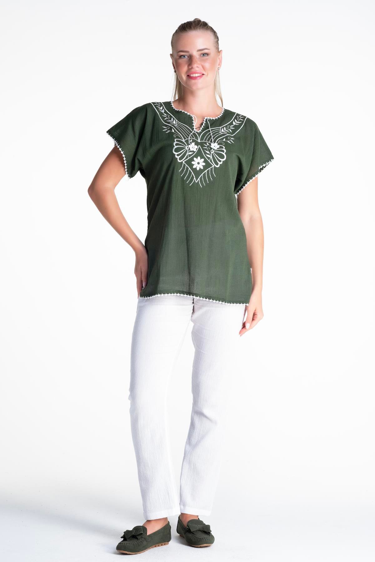 Toptan Kısa Kol Şile Bezi Naz Bluz Yeşil