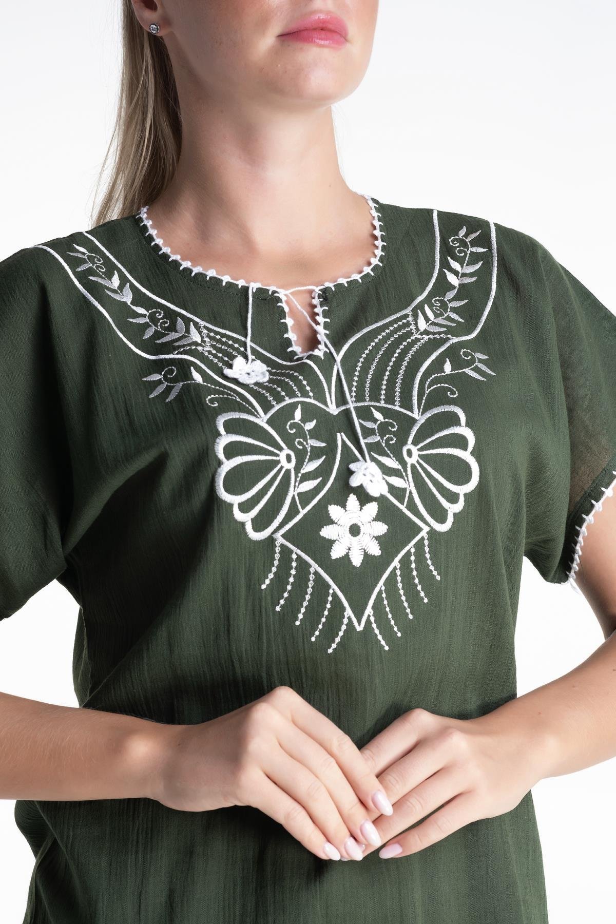 Toptan Kısa Kol Şile Bezi Naz Bluz Yeşil