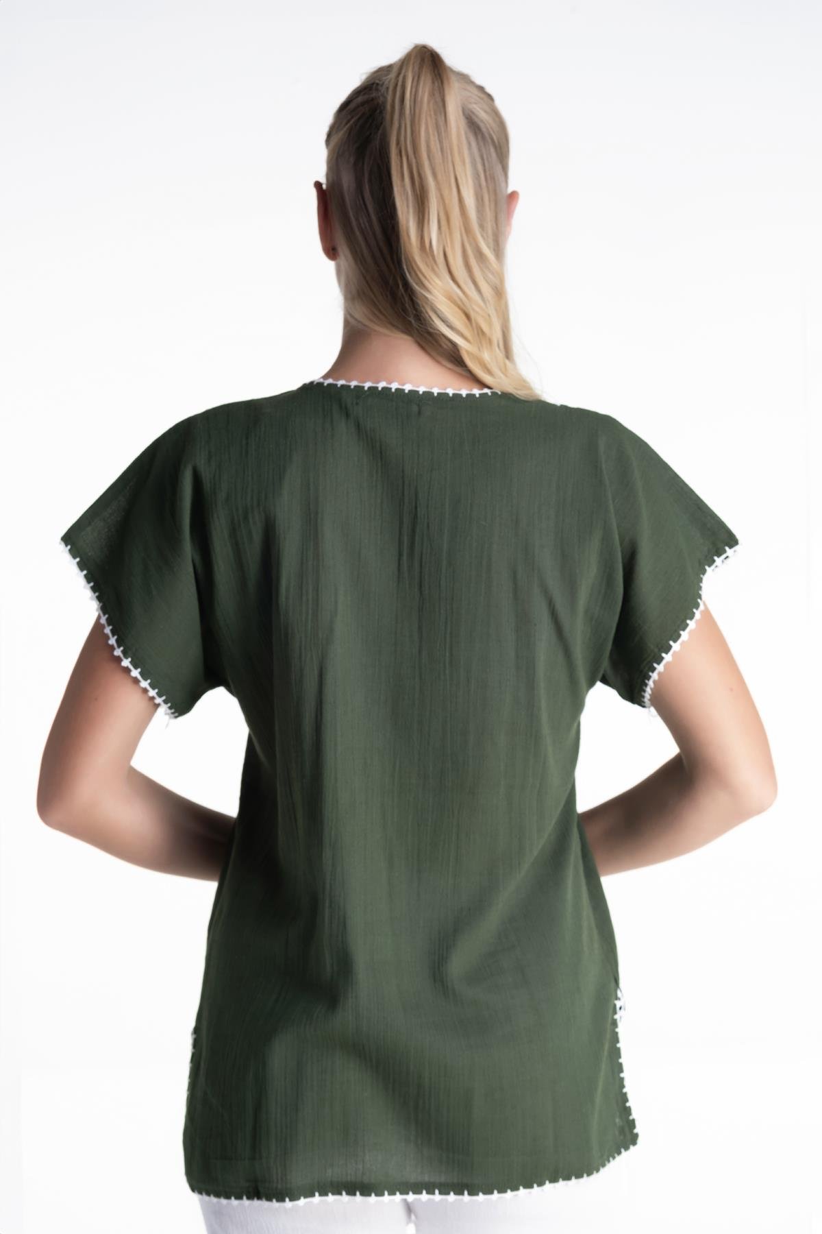 Toptan Kısa Kol Şile Bezi Naz Bluz Yeşil