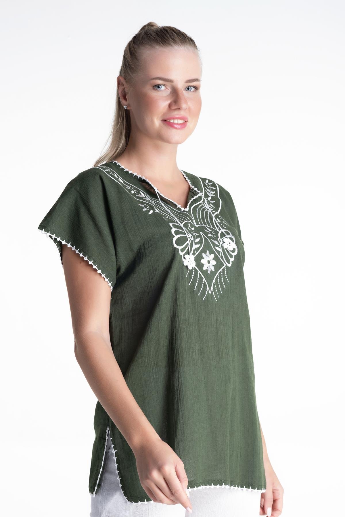 Toptan Kısa Kol Şile Bezi Naz Bluz Yeşil