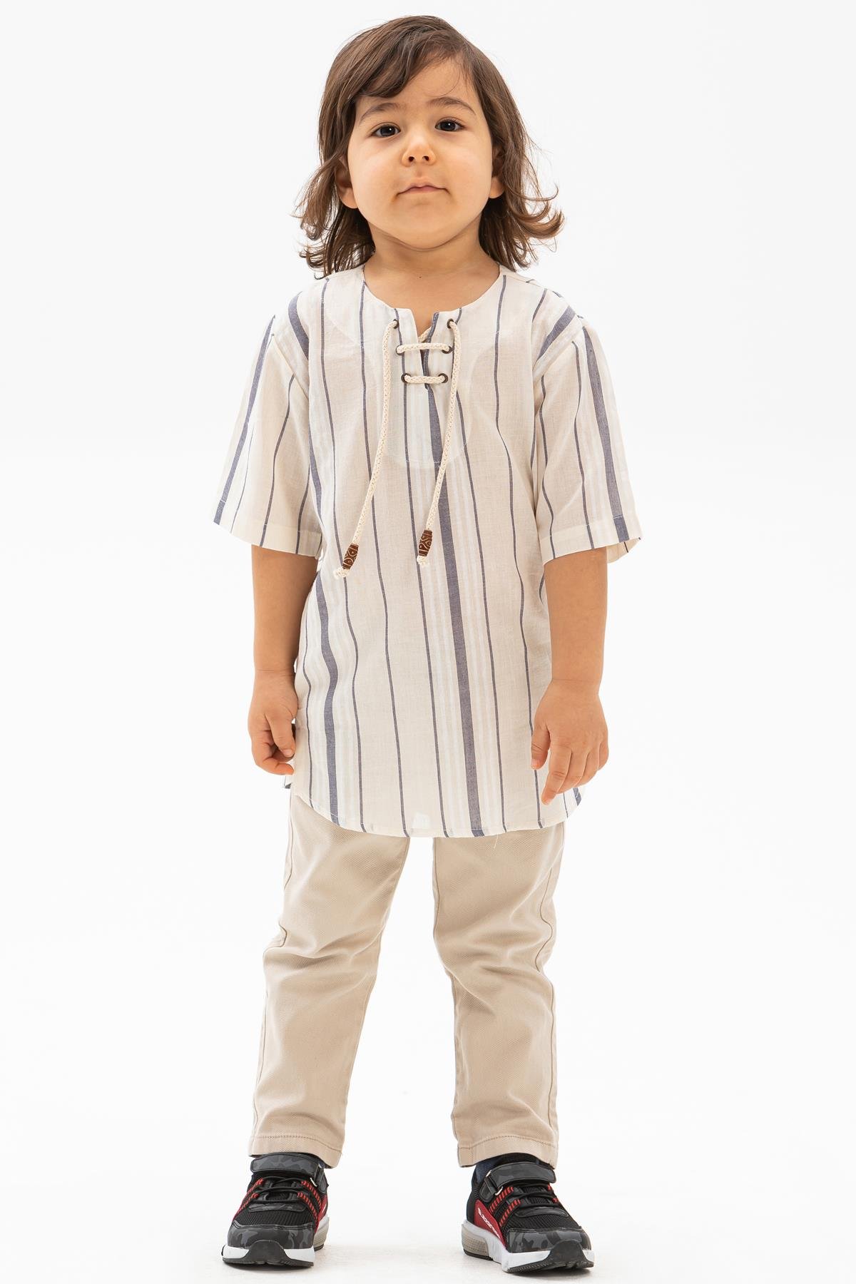 Toptan Kısa Kol Şile Bezi Zımbalı Erkek Çocuk Tshirt Ekru Gri Çizgili