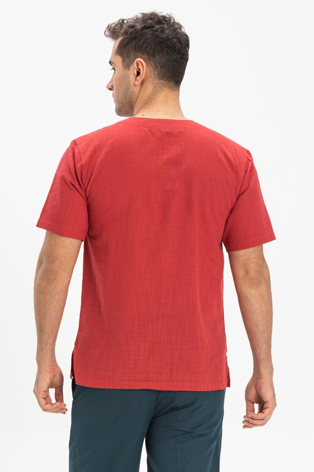 Toptan Kısa Kol Şile Bezi Zımbalı Erkek Tshirt Kırmızı