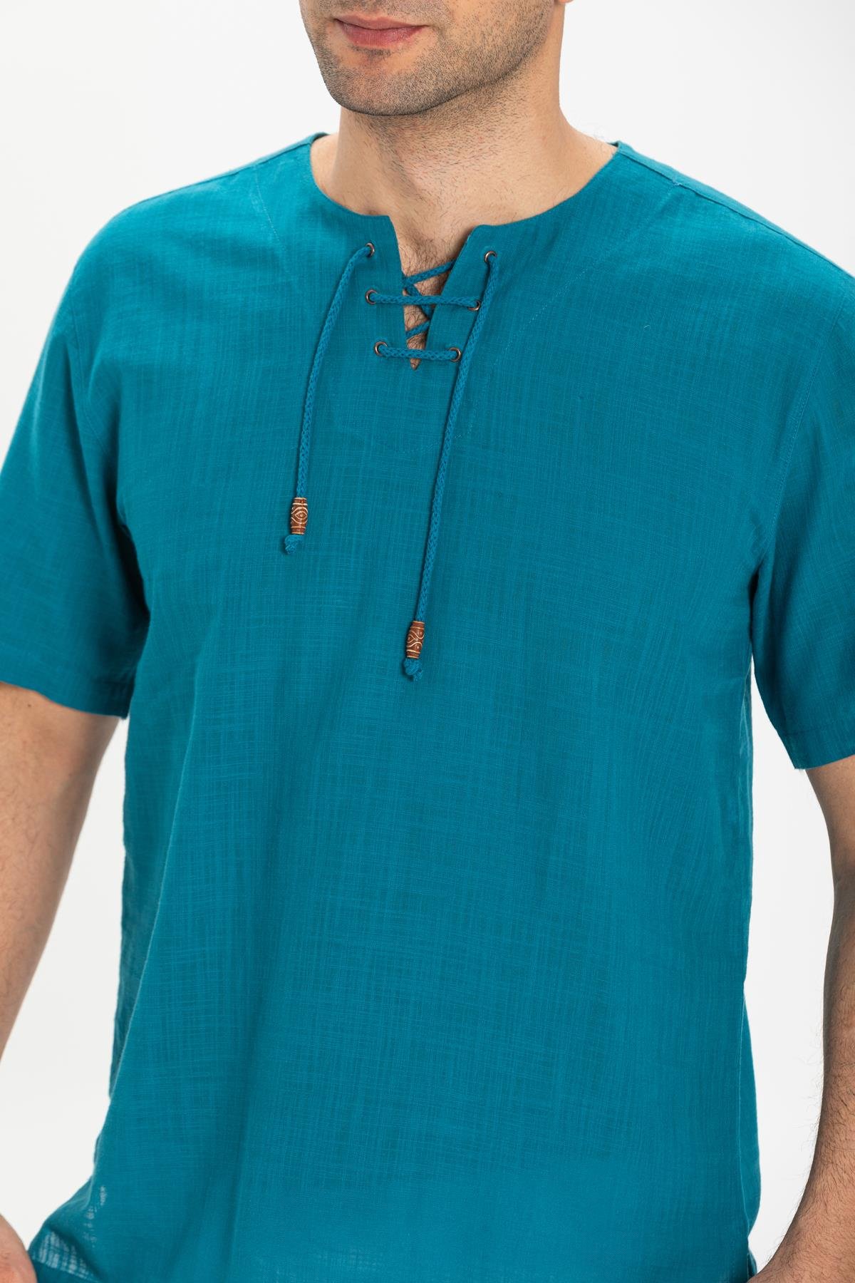 Toptan Kısa Kol Şile Bezi Zımbalı Erkek Tshirt Petrol