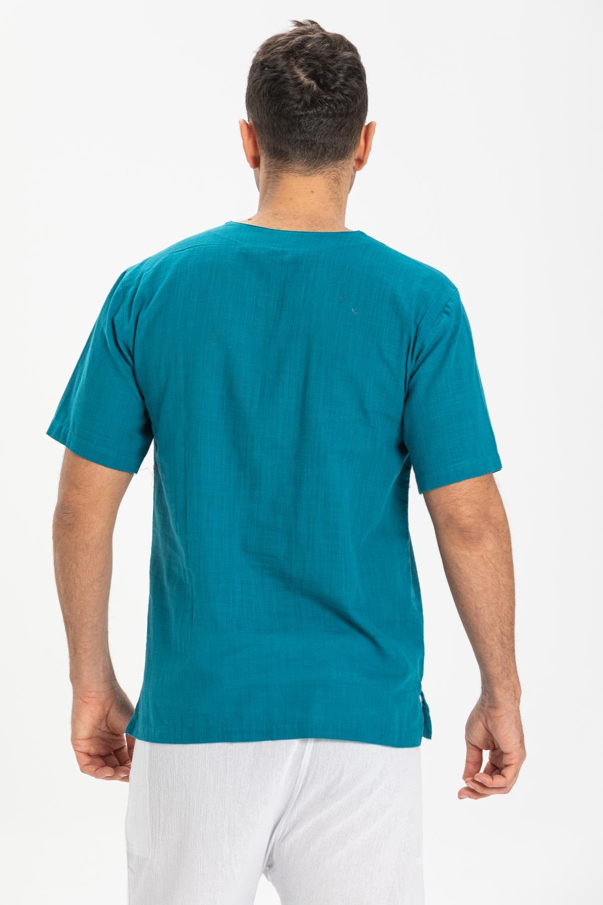 Toptan Kısa Kol Şile Bezi Zımbalı Erkek Tshirt Petrol