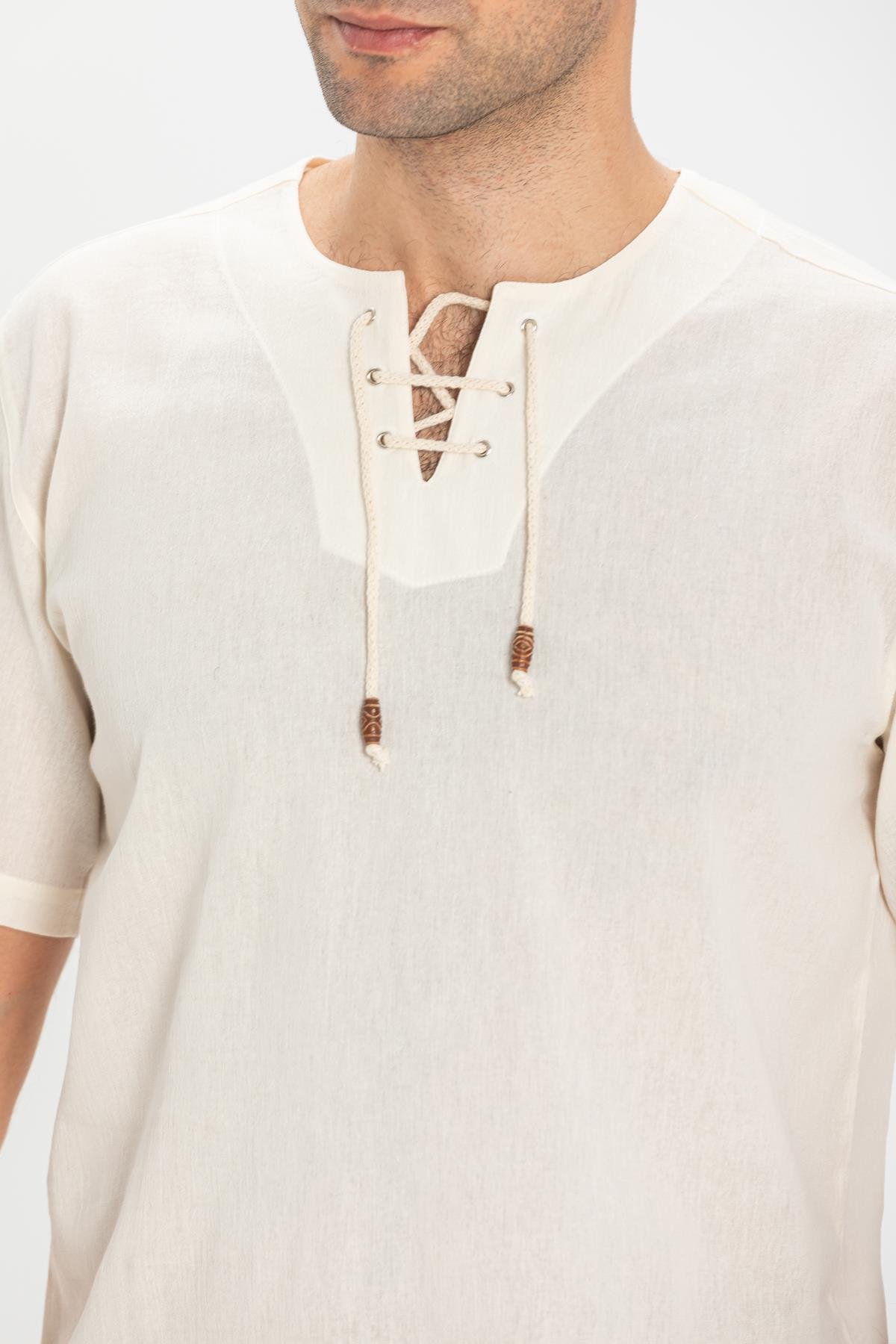 Toptan Kısa Kol Şile Bezi Zımbalı Erkek Tshirt Krem