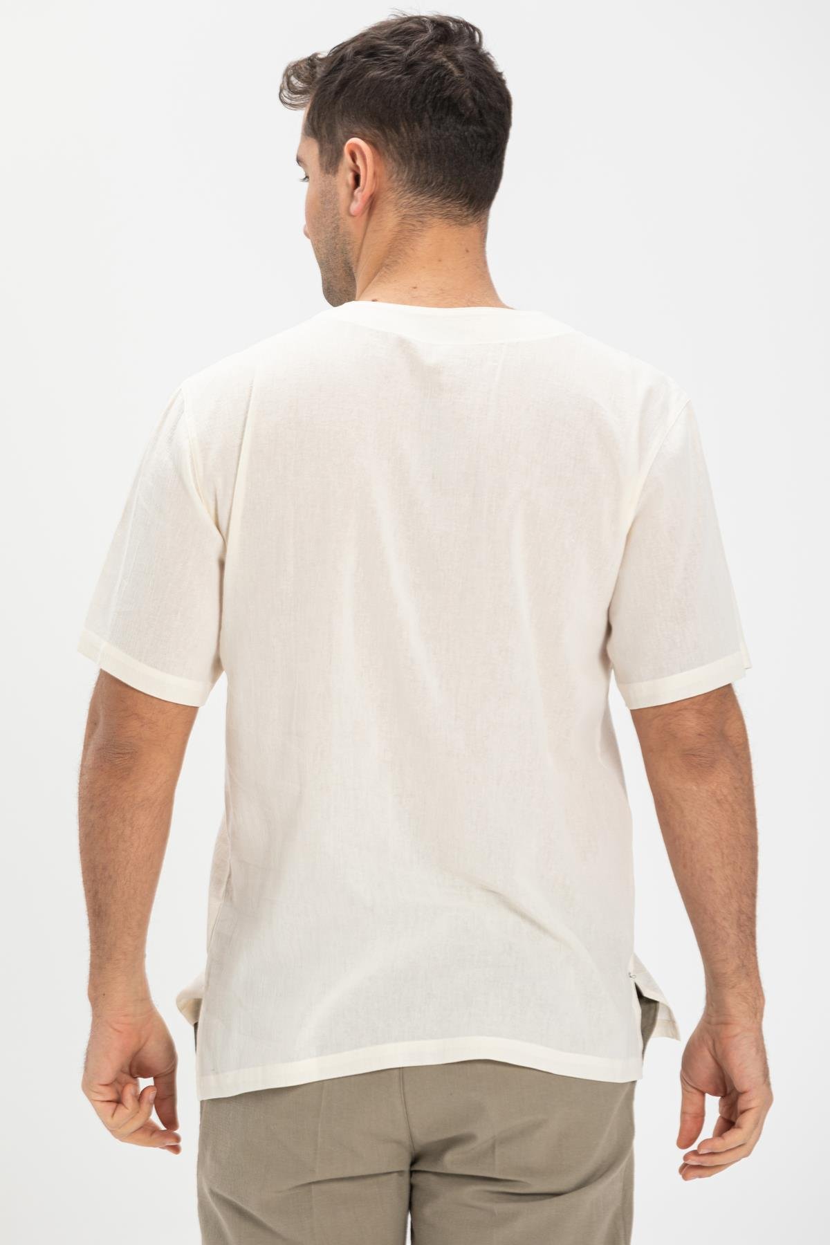 Toptan Kısa Kol Şile Bezi Zımbalı Erkek Tshirt Krem