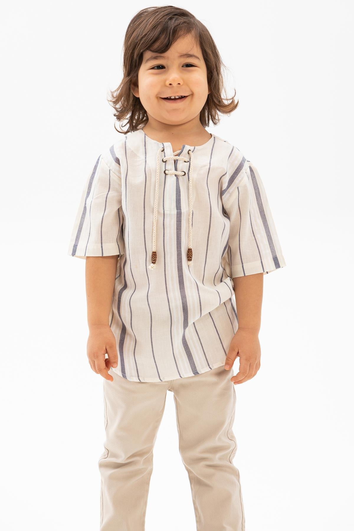 Toptan Kısa Kol Şile Bezi Zımbalı Erkek Çocuk Tshirt Ekru Gri Çizgili