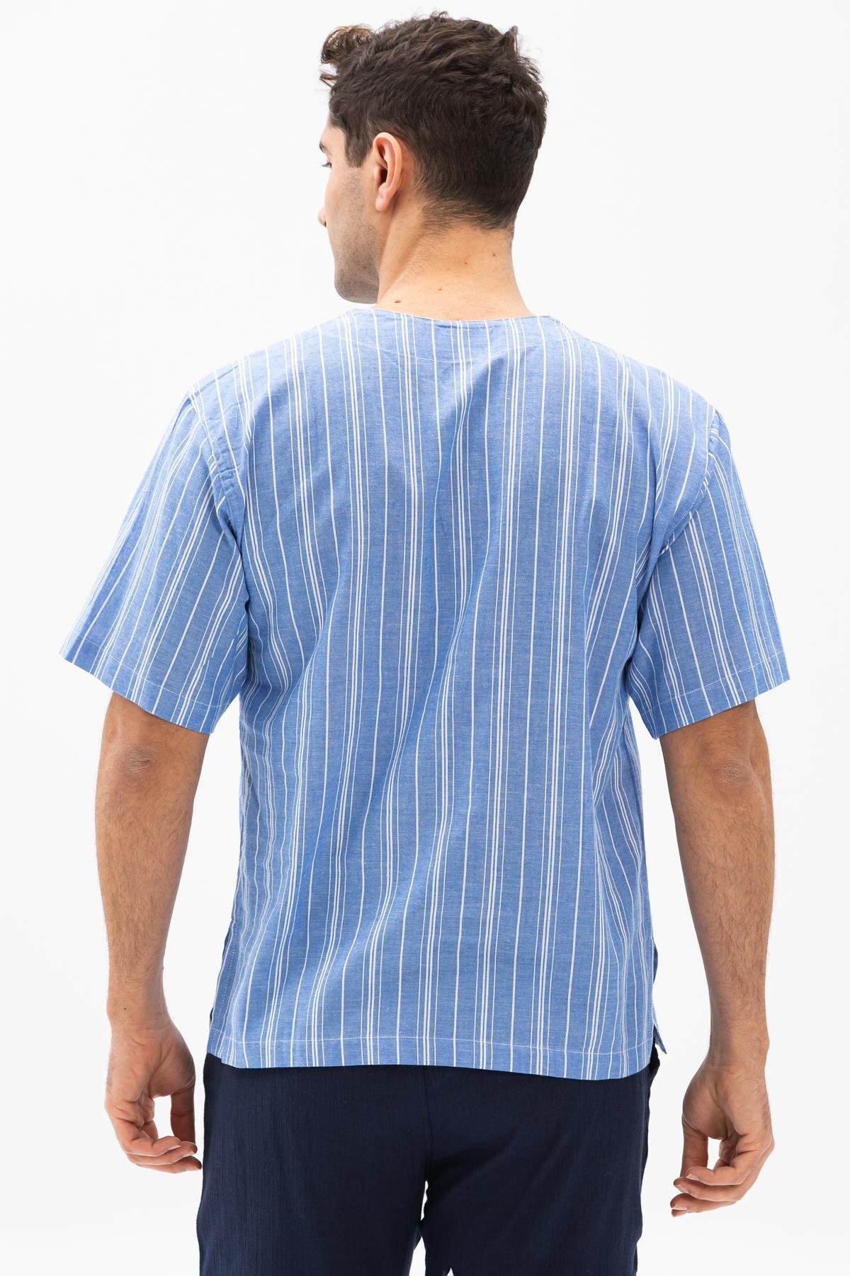 Toptan Kısa Kol Şile Bezi Zımbalı Erkek Tshirt Mavi Beyaz Çizgili