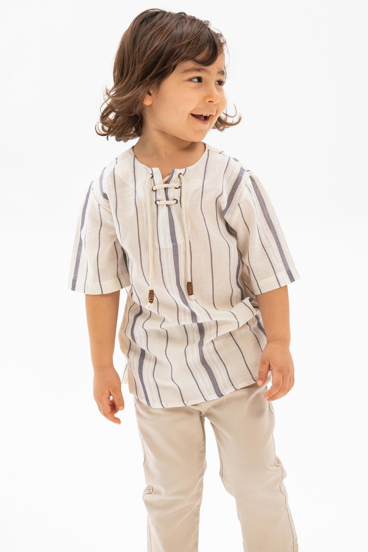 Toptan Kısa Kol Şile Bezi Zımbalı Erkek Çocuk Tshirt Ekru Gri Çizgili