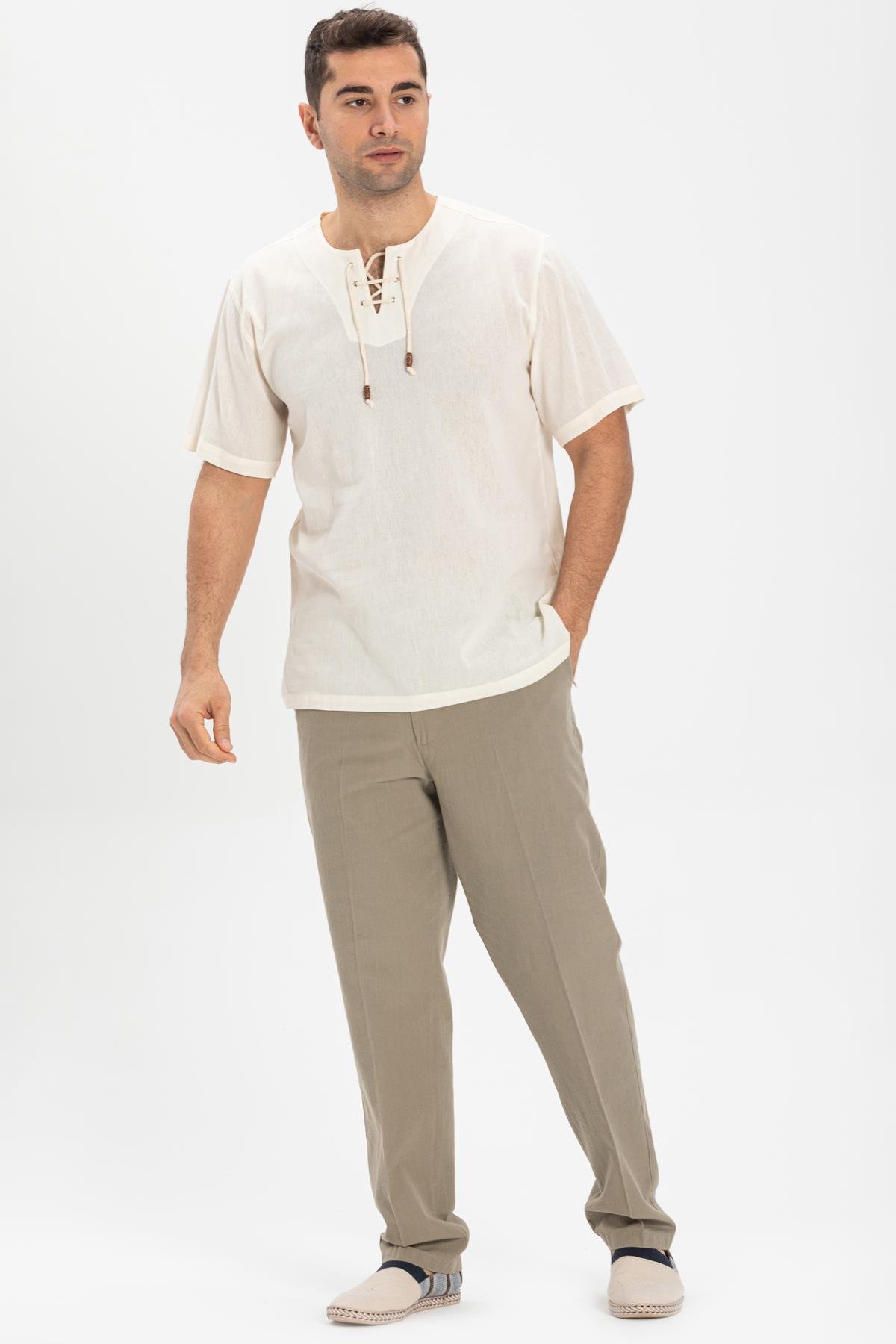 Toptan Kısa Kol Şile Bezi Zımbalı Erkek Tshirt Krem