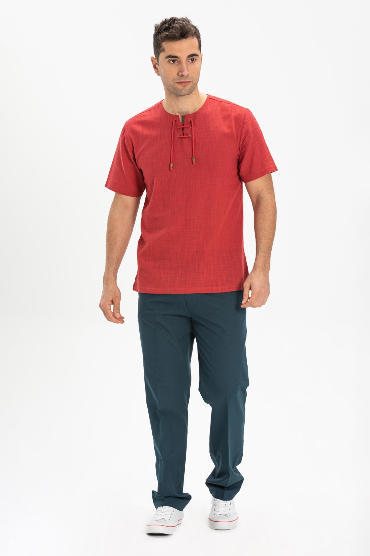 Toptan Kısa Kol Şile Bezi Zımbalı Erkek Tshirt Kırmızı