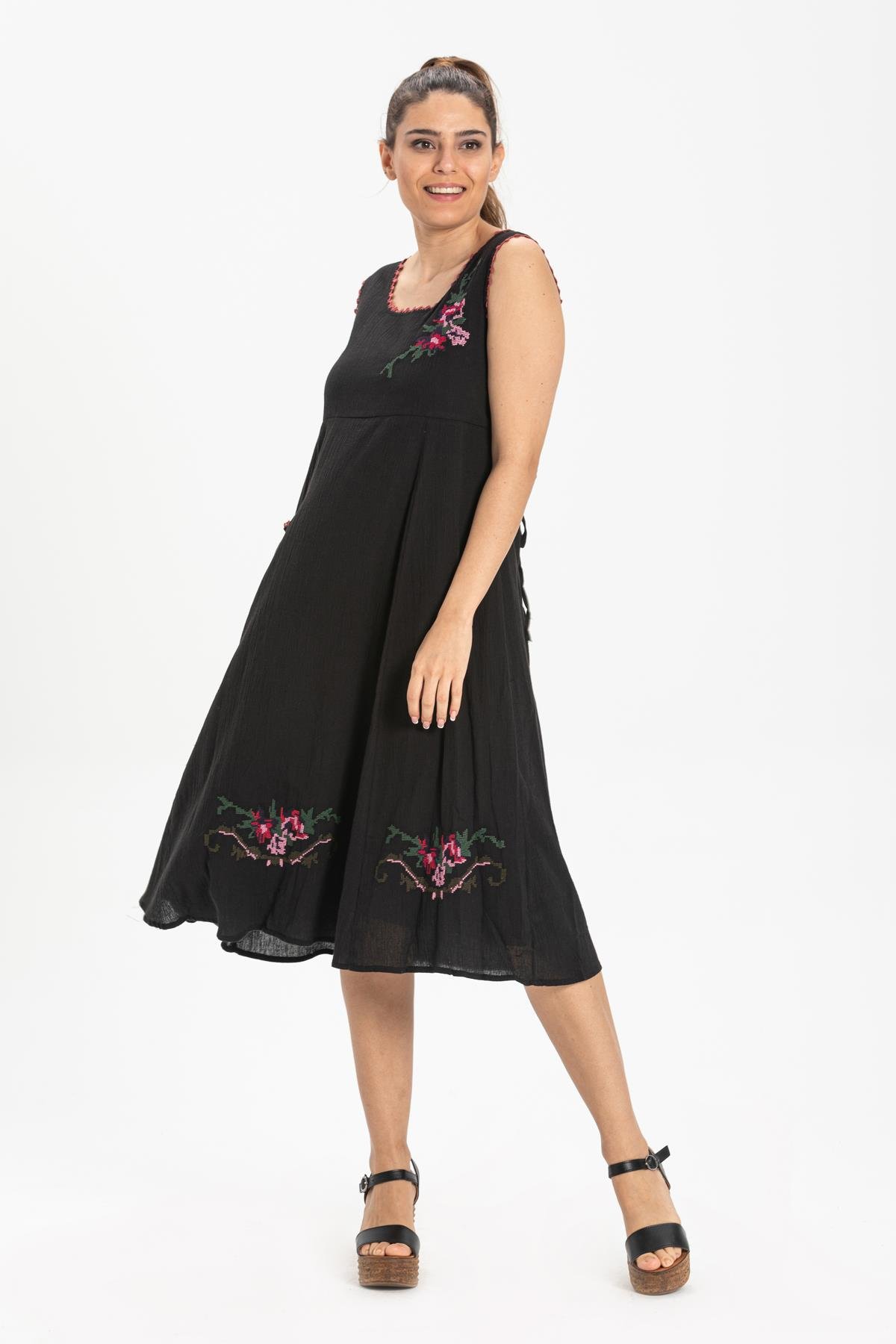 Toptan Kolsuz Burçak Şile Bezi Elbise Siyah