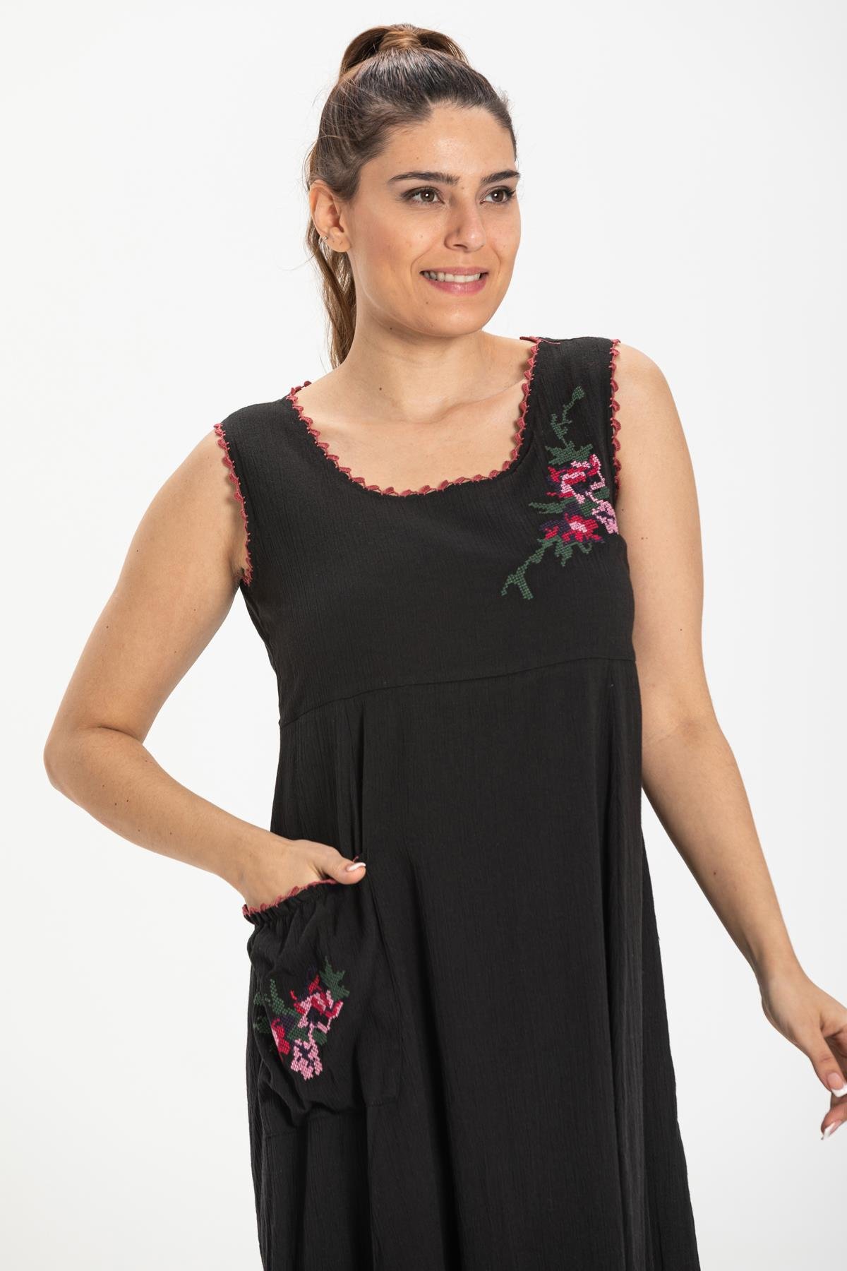 Toptan Kolsuz Burçak Şile Bezi Elbise Siyah