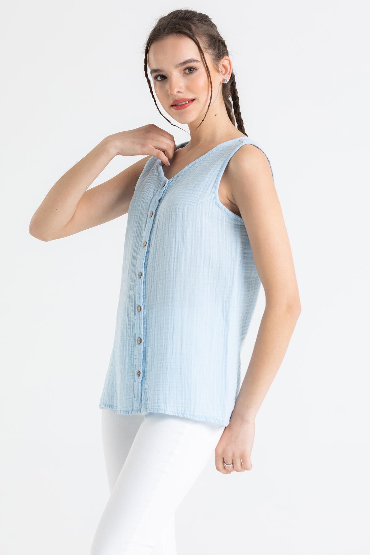 Toptan Kolsuz Müslin Melis Bluz Buz Mavi