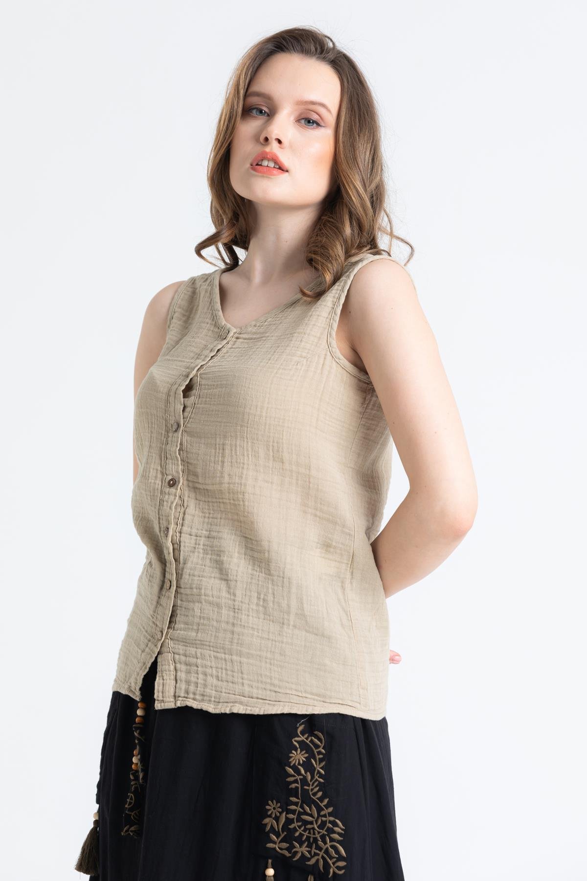 Toptan Kolsuz Müslin Melis Bluz Vizon