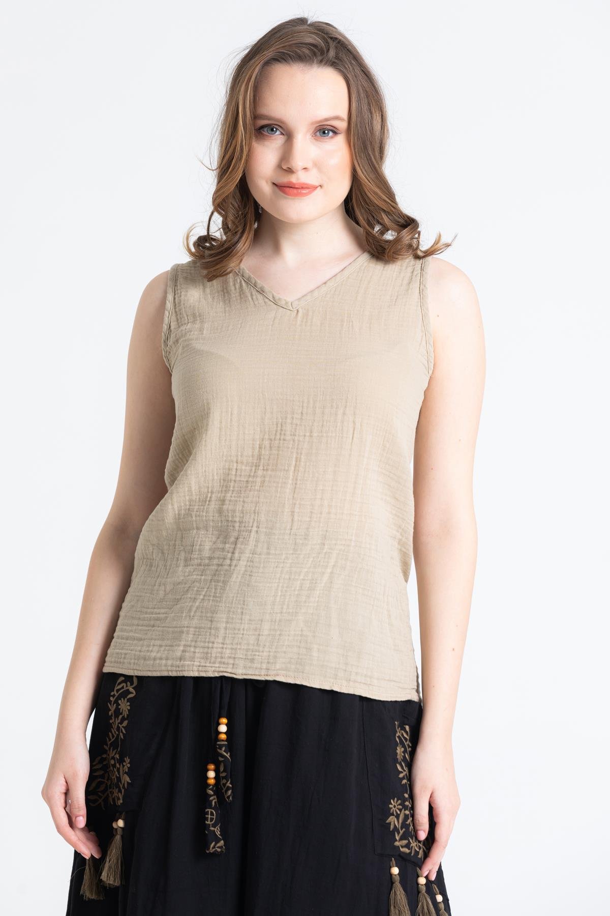 Toptan Kolsuz Müslin Melis Bluz Vizon