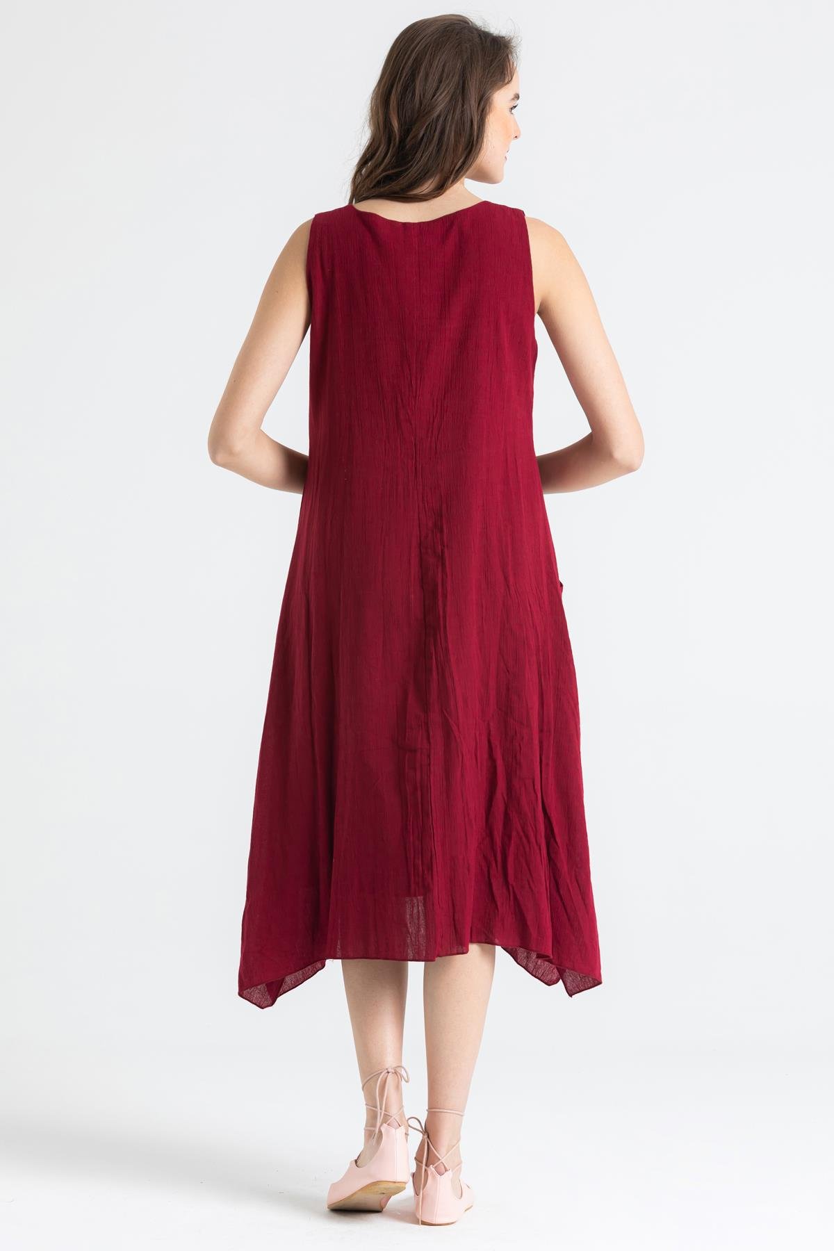 Toptan Kolsuz Şile Bezi Antik Nakışlı Midi Boy Elbise Bordo