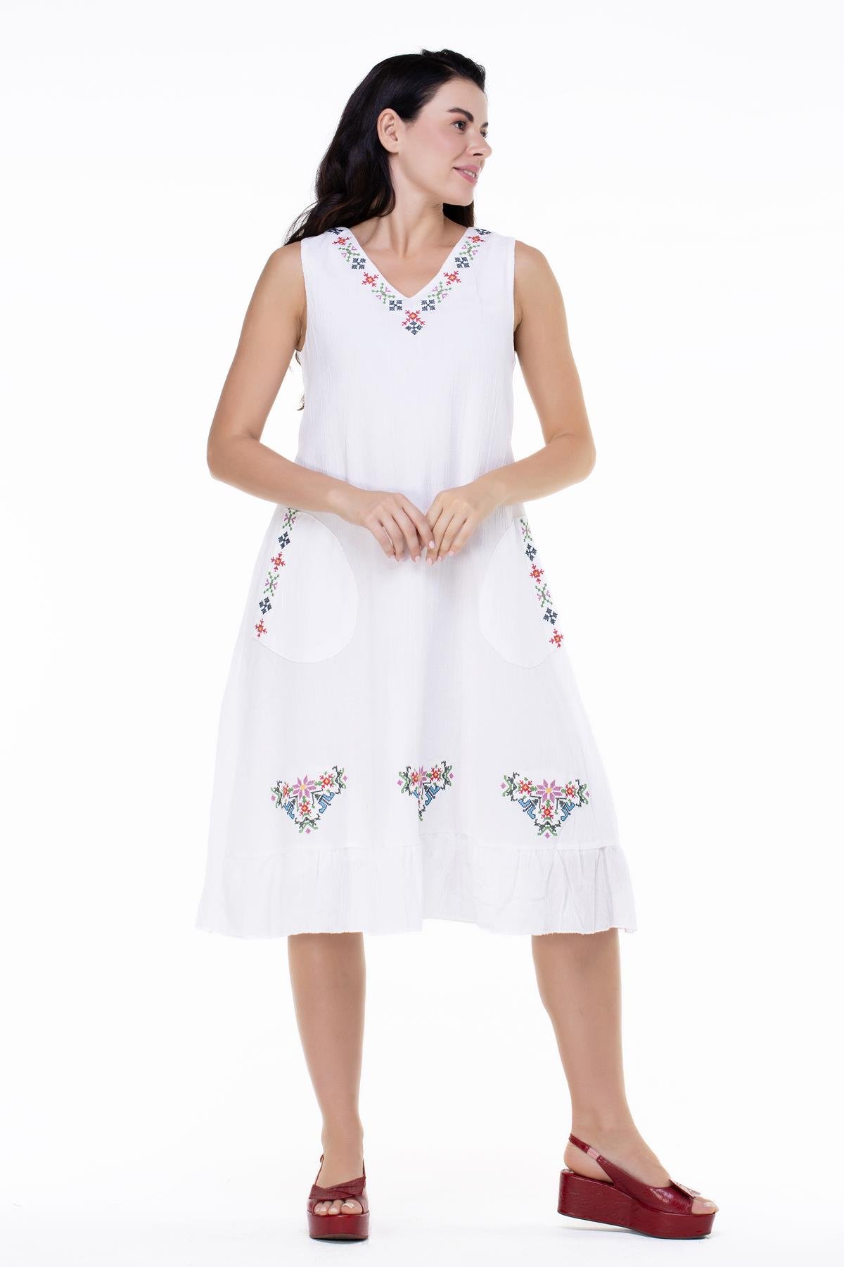 Toptan Kolsuz Şile Bezi Mehtap Midi Boy Elbise Beyaz