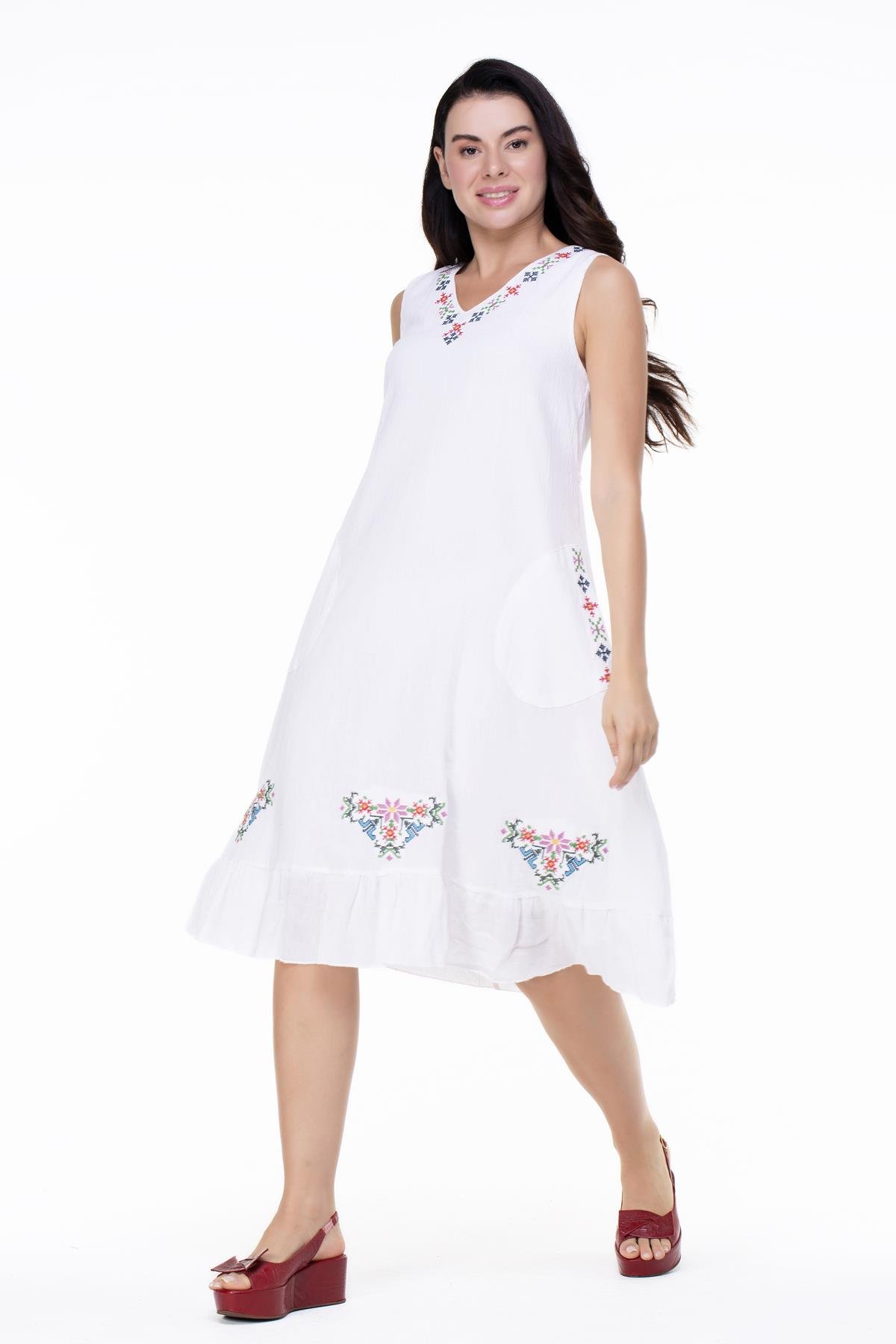 Toptan Kolsuz Şile Bezi Mehtap Midi Boy Elbise Beyaz