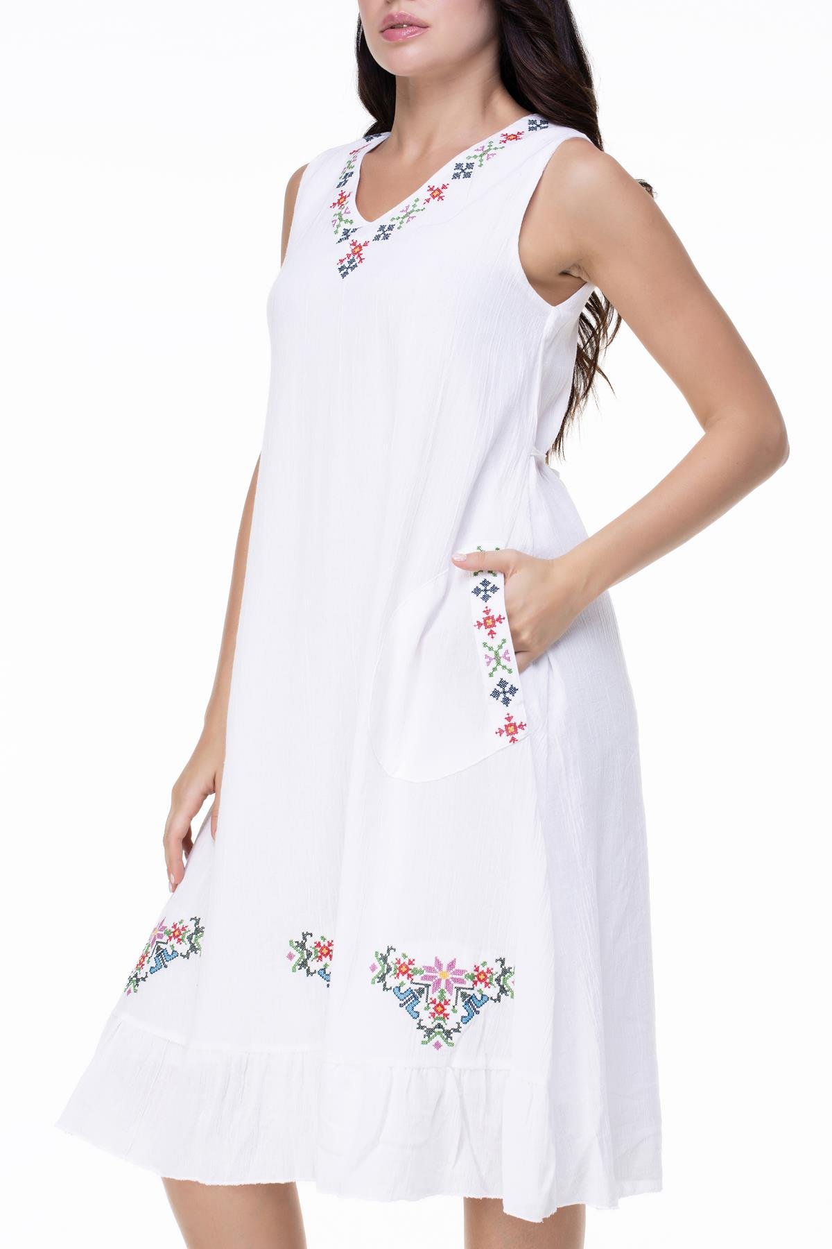 Toptan Kolsuz Şile Bezi Mehtap Midi Boy Elbise Beyaz