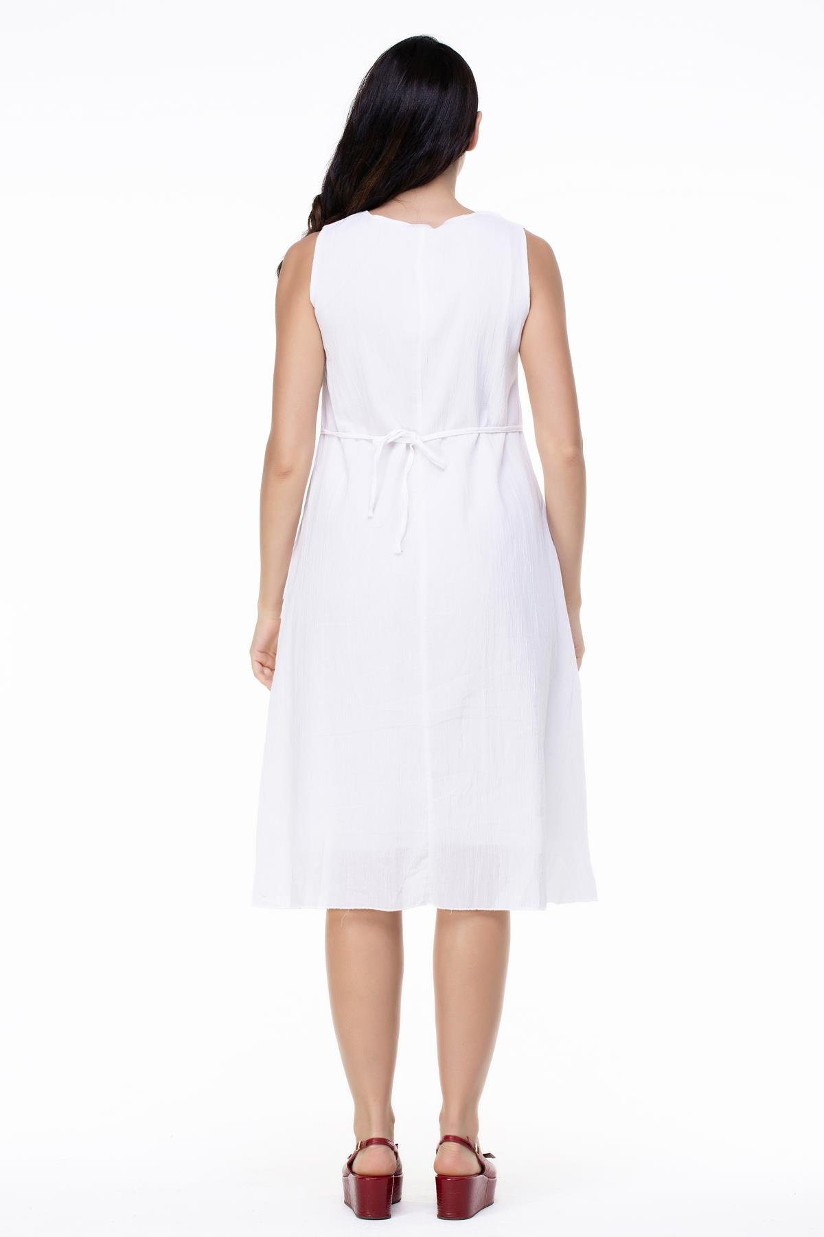 Toptan Kolsuz Şile Bezi Mehtap Midi Boy Elbise Beyaz