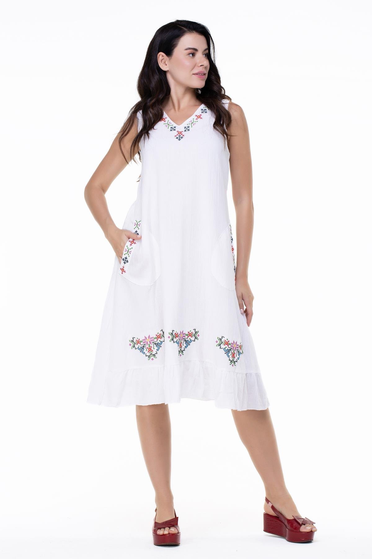 Toptan Kolsuz Şile Bezi Mehtap Midi Boy Elbise Beyaz