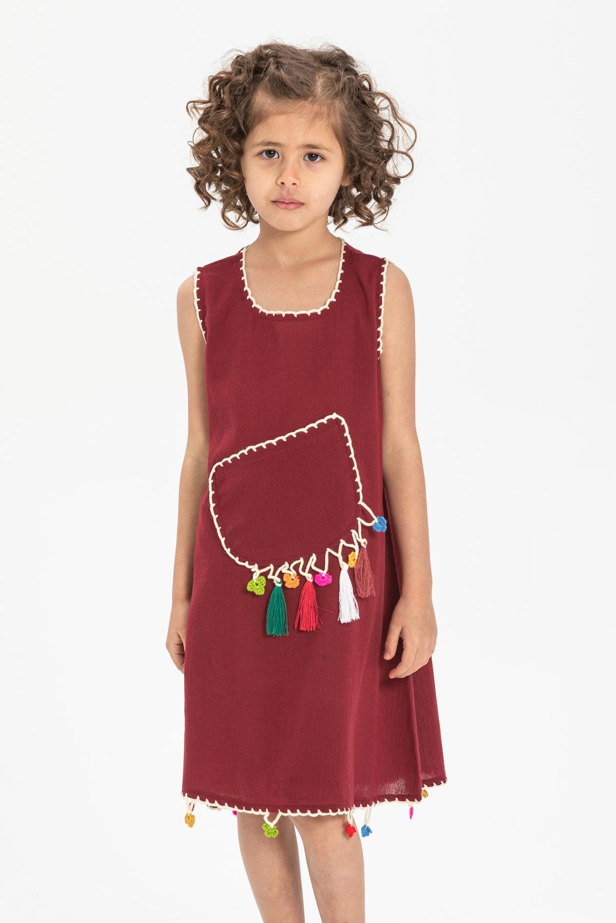 Toptan Mine Şile Bezi Çocuk Elbise Bordo