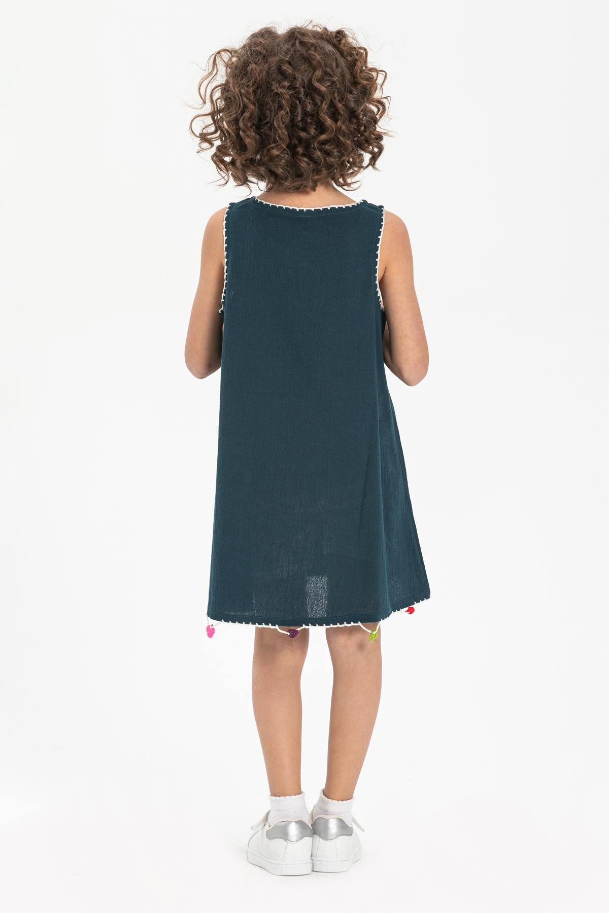 Toptan Mine Şile Bezi Çocuk Elbise Petrol