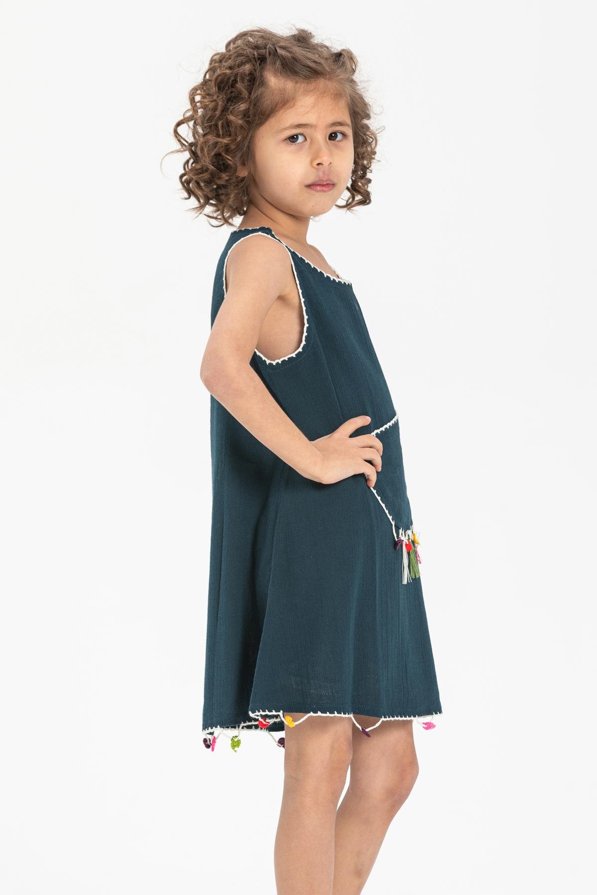 Toptan Mine Şile Bezi Çocuk Elbise Petrol